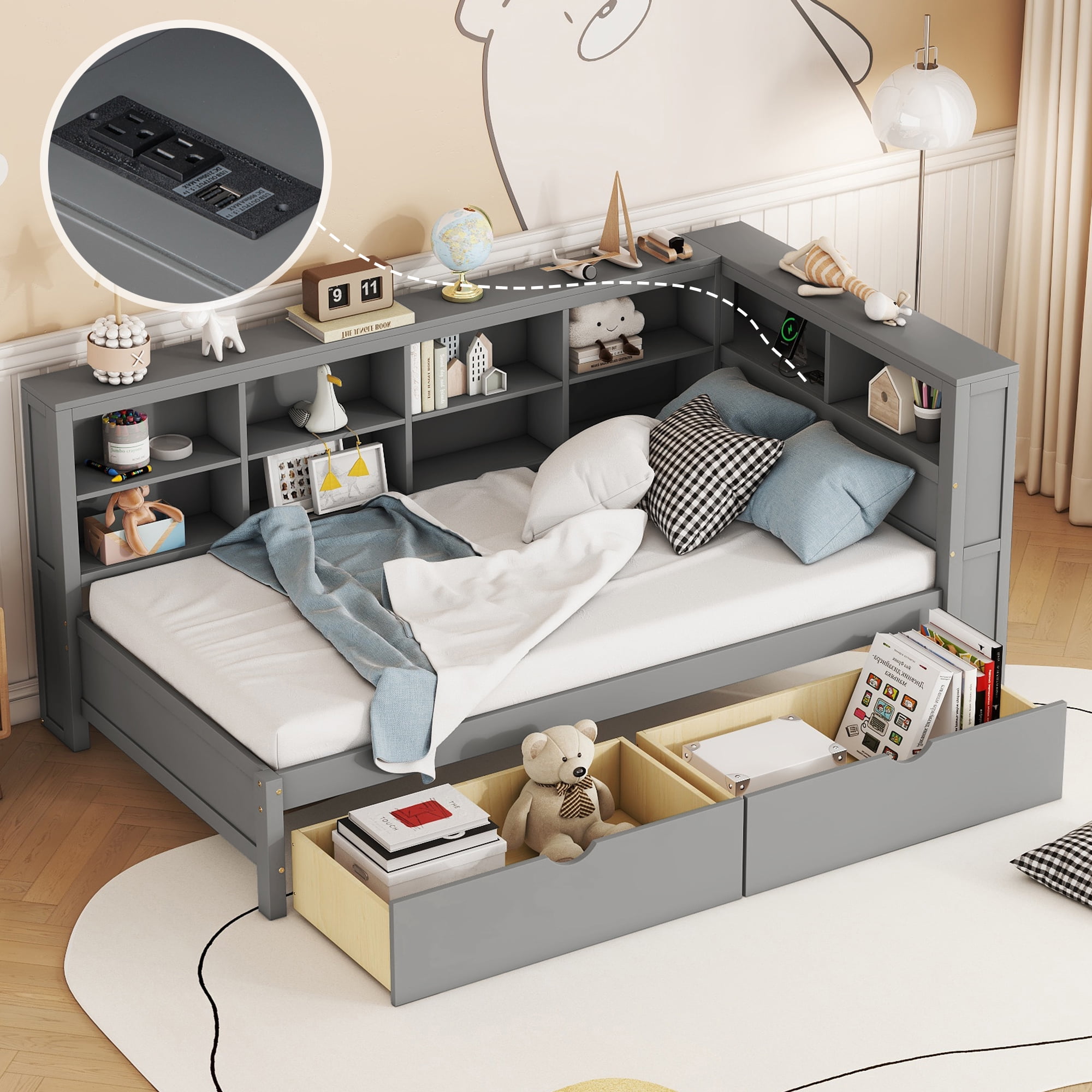 Mintazer Twin Daybed with Storage Headboard & Charging Station, 2 Drawers & Shelves for Kids Bedroom, Grey
