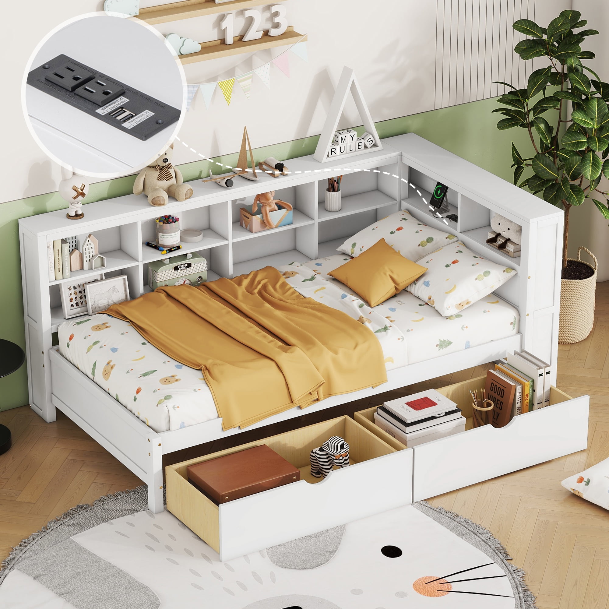 Mintazer Twin Daybed with Storage Headboard & Charging Station, 2 Drawers & Shelves for Kids Bedroom, White