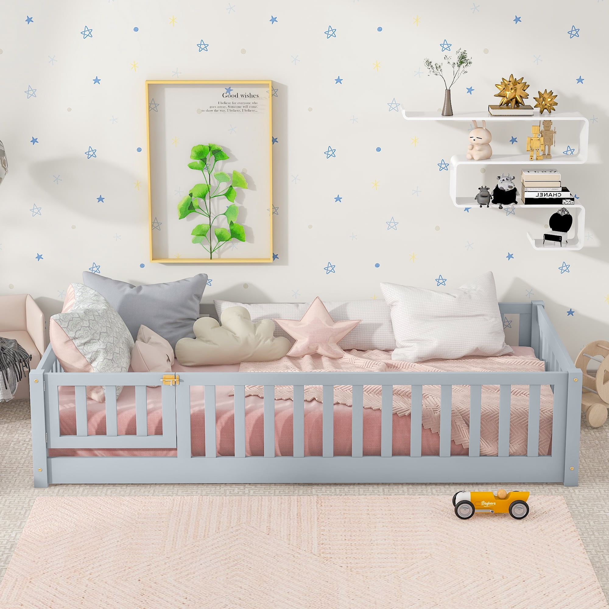 Mintazer Twin Floor Bed with Fence and Door, Montessori Bed with 17.5" Safety Guardrails for Kids Girls Boys, Gray Blue