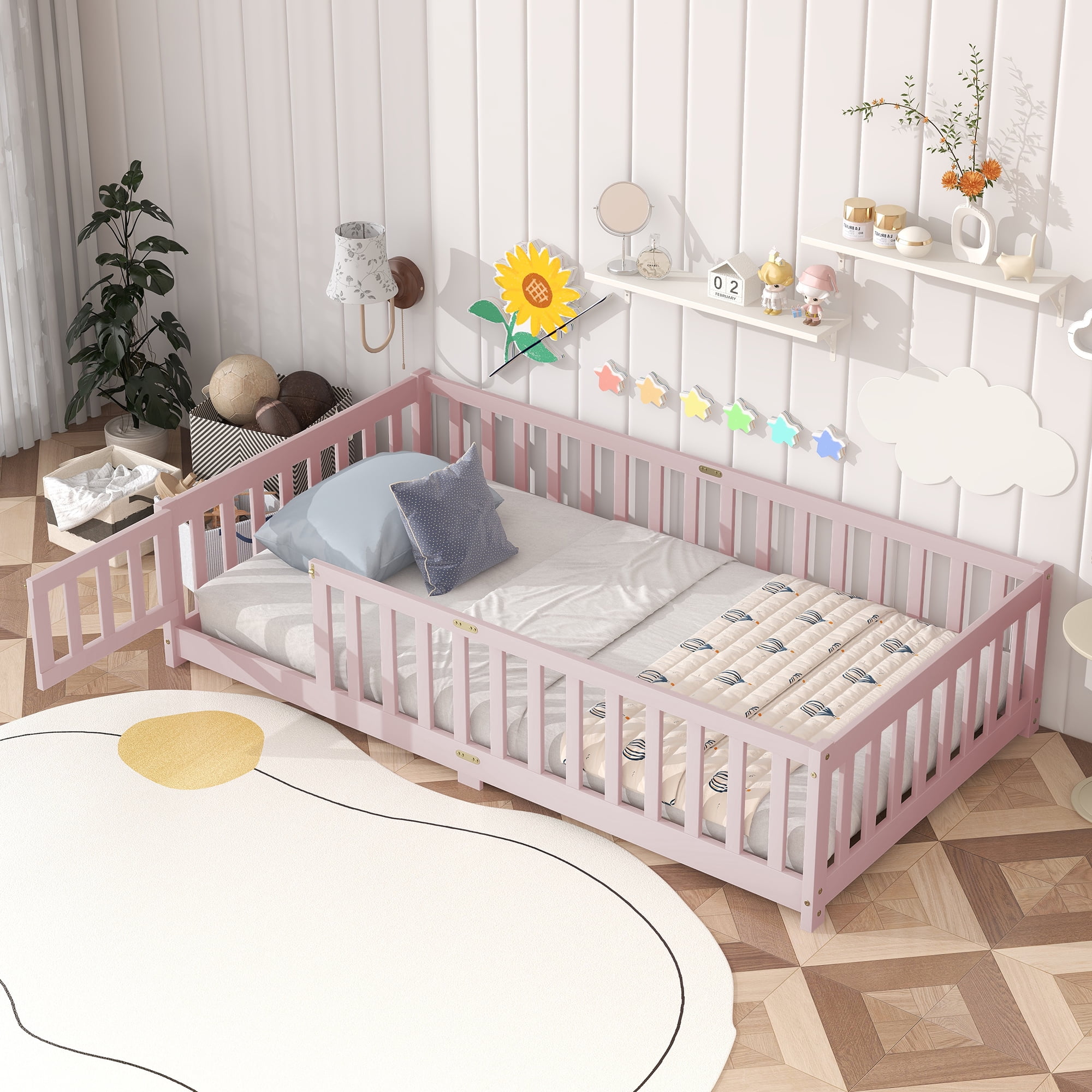 Mintazer Twin Floor Bed with Fence and Door, Montessori Bed with 17.5" Safety Guardrails for Kids Girls Boys, Light Pink