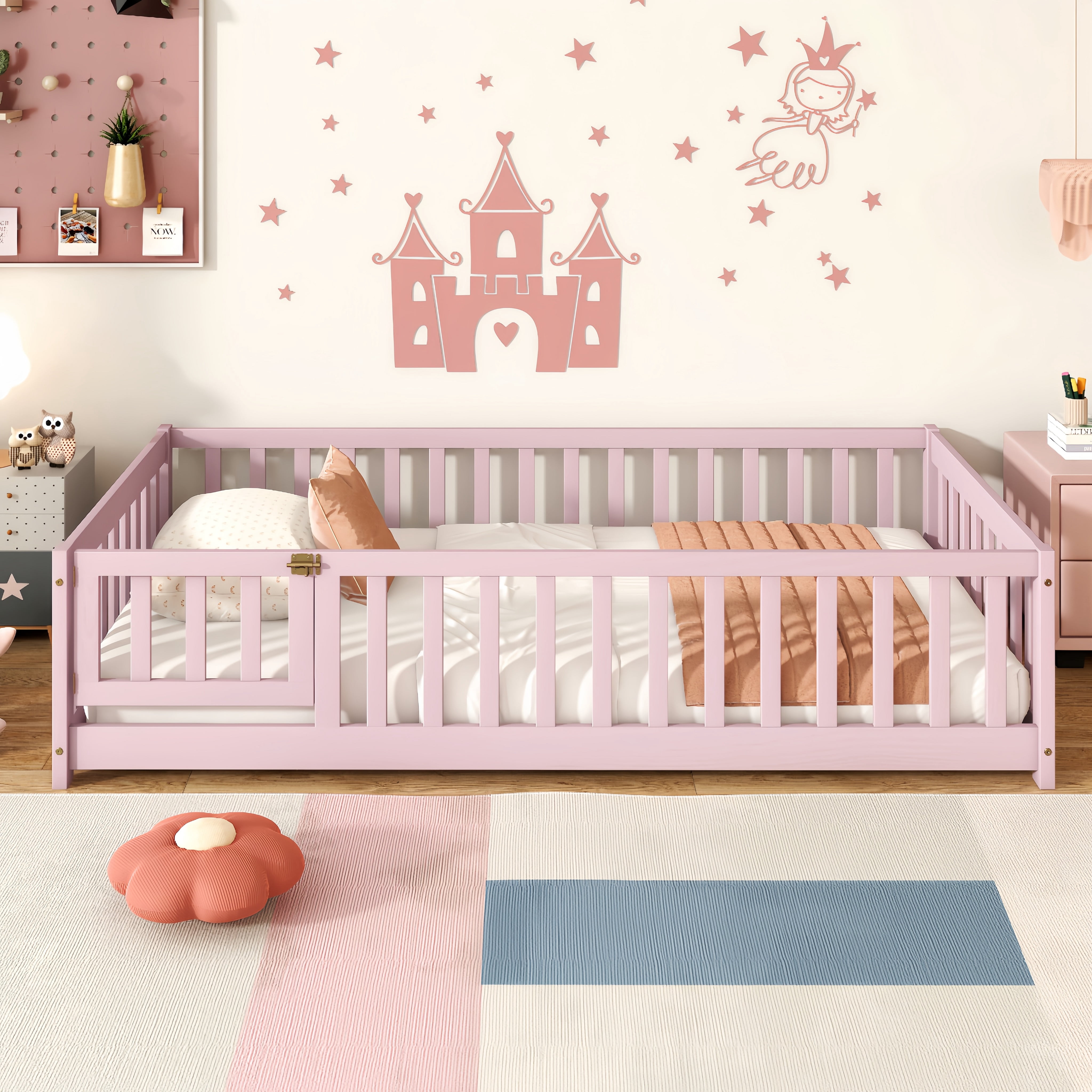 Mintazer Twin Floor Bed with Fence and Door, Montessori Bed with 17.5" Safety Guardrails for Kids Girls Boys, Pink