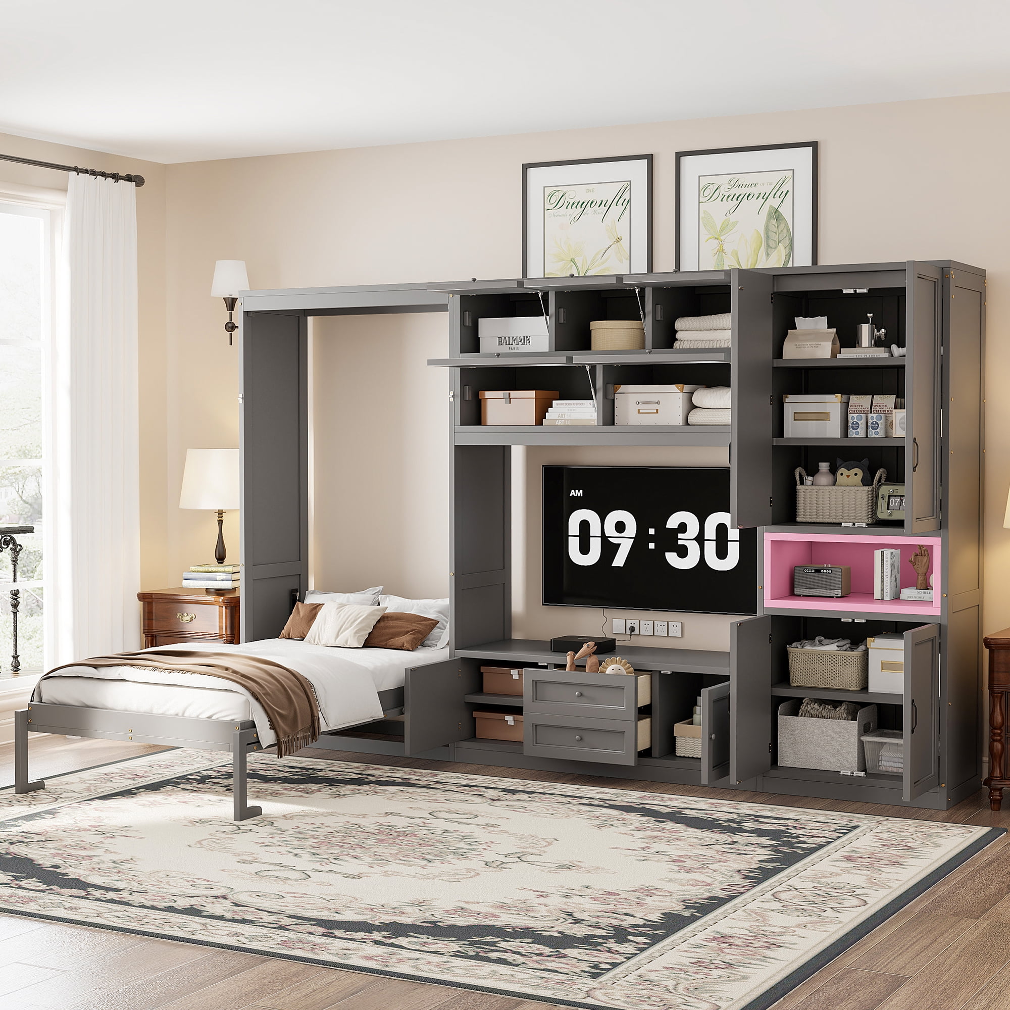 Mintazer Twin Foldable Murphy Bed with 82.3"H Wall Storage Cabinet, Shelves, TV Stand and 2 Drawers & 9 Cabinets for&nbsp;Bedroom Living Room, Gray