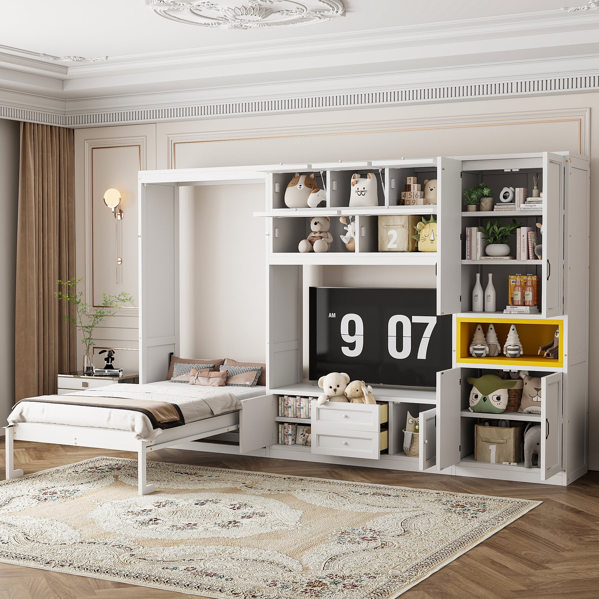 Mintazer Twin Foldable Murphy Bed with 82.3"H Wall Storage Cabinet, Shelves, TV Stand and 2 Drawers & 9 Cabinets for&nbsp;Bedroom Living Room, White
