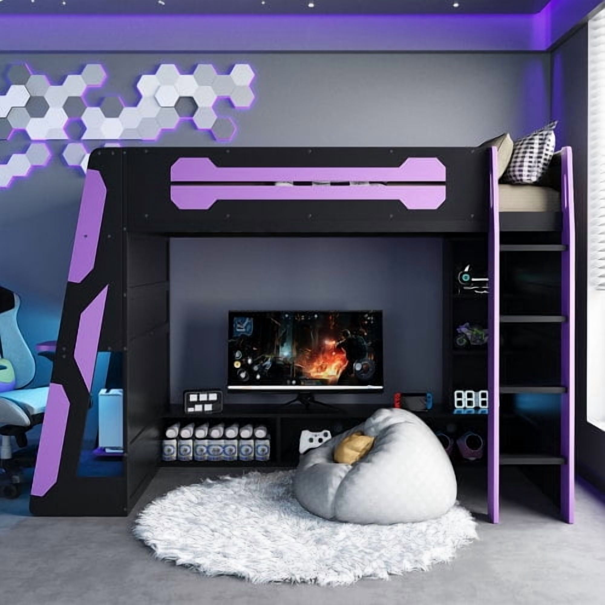 Mintazer Twin Gaming Loft Bed with Desk & GB LED Light, Multifunctional Loft Bed with Multi-Tier Storage Shelves, Black & Purple