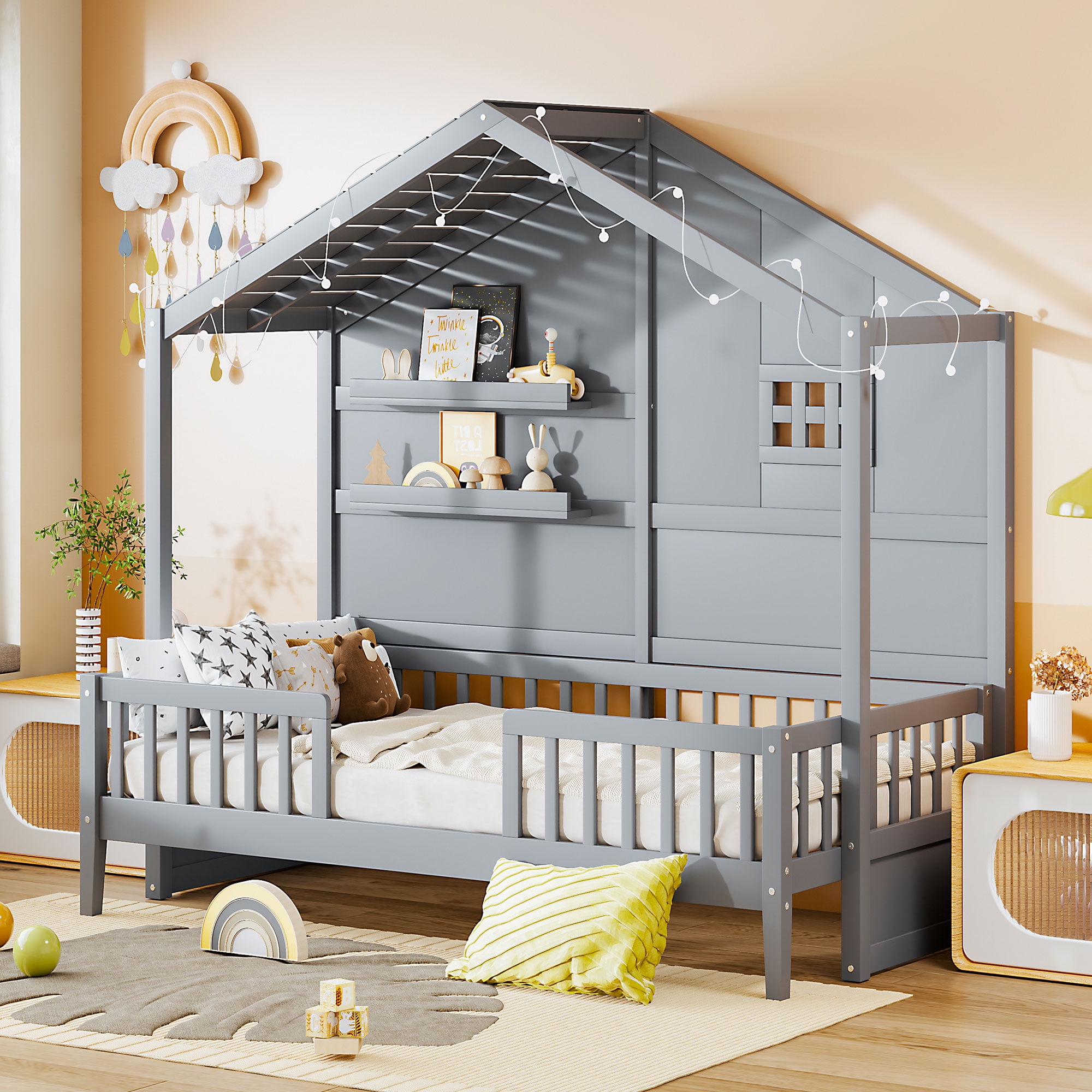 Mintazer Twin House Bed with LED String Lights & Storage Shelves, Toddler Montessori Bed Frame with Guardrails for Kids, Gray