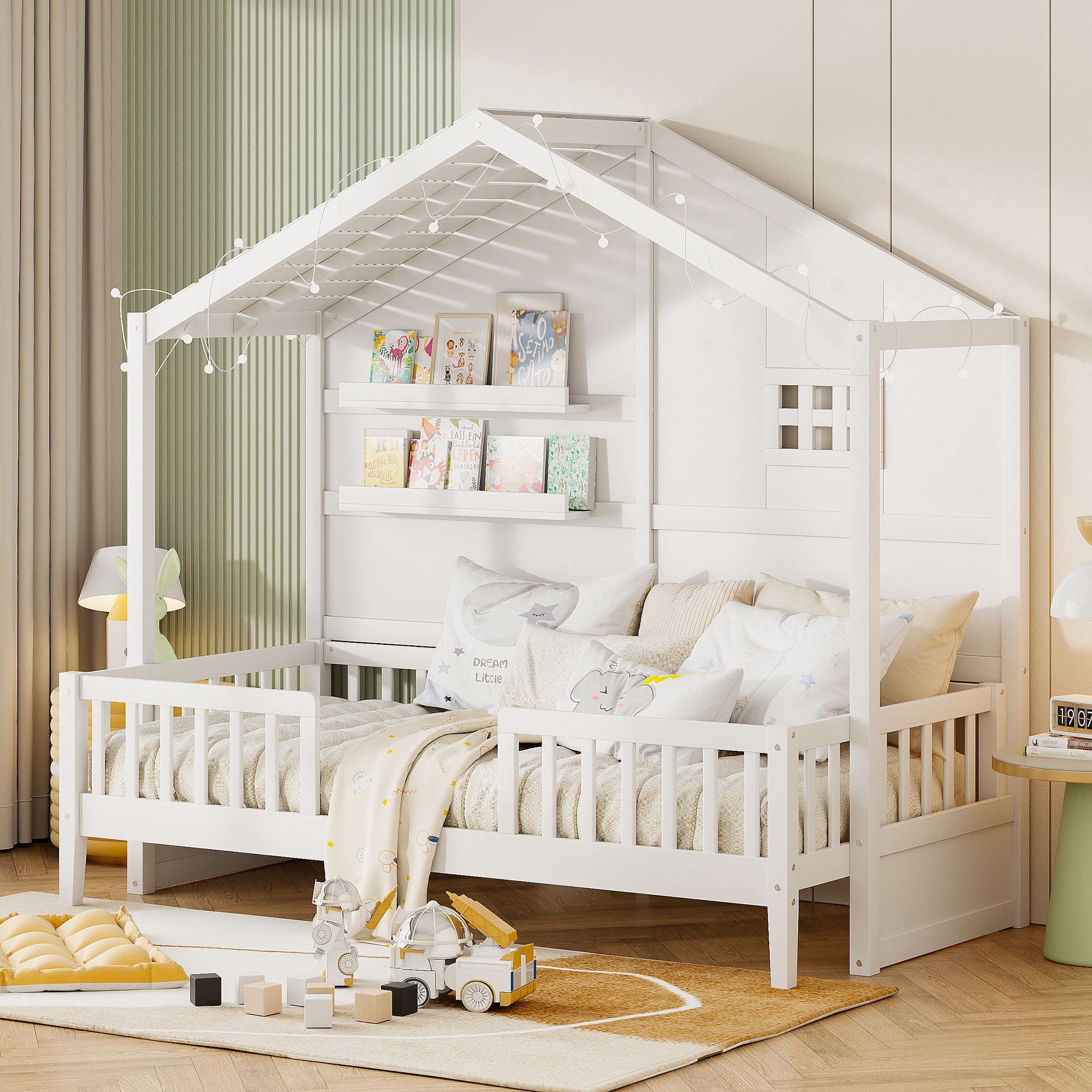 Mintazer Twin House Bed with LED String Lights & Storage Shelves, Toddler Montessori Bed Frame with Guardrails for Kids, White