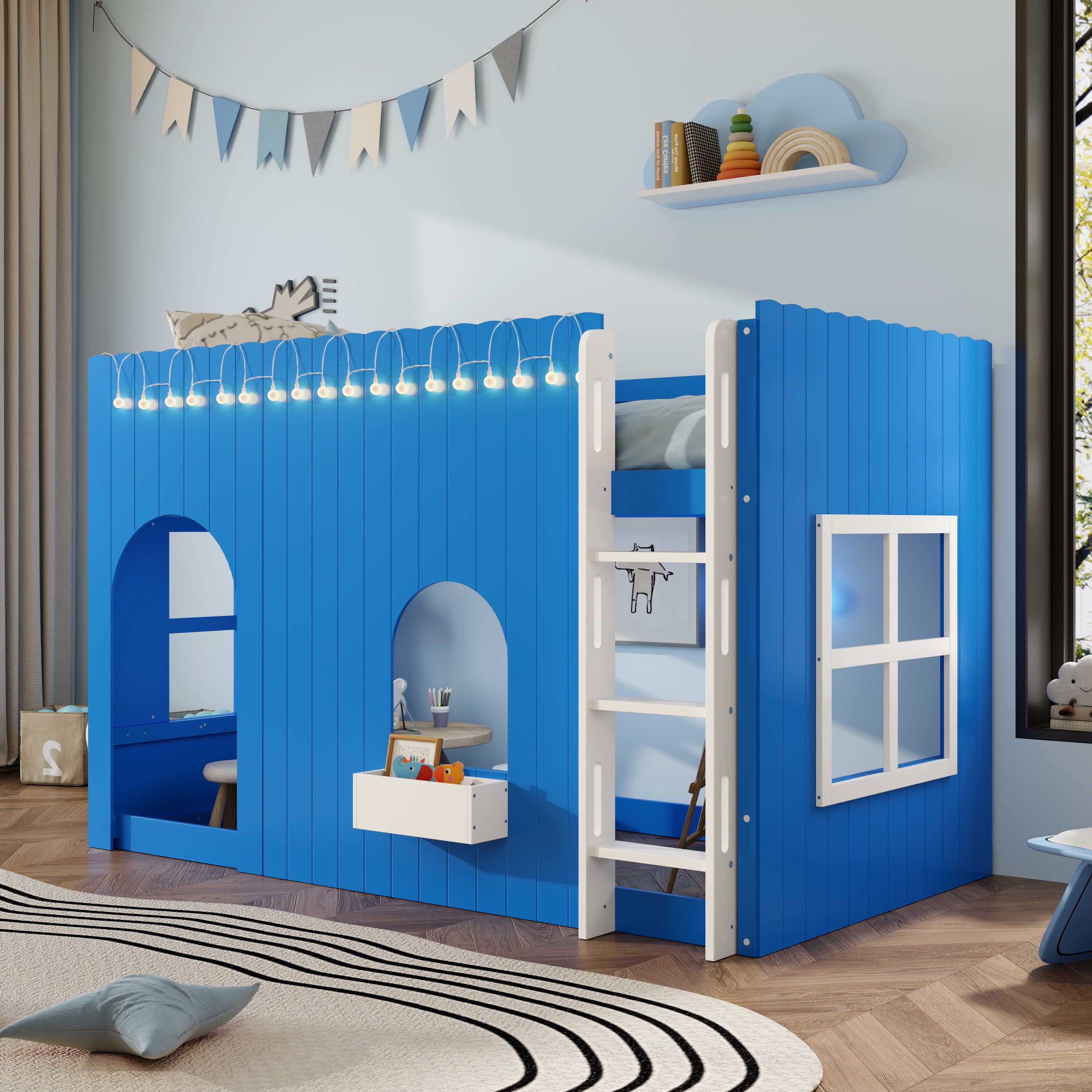 Mintazer Twin House Loft Bed with LED Lights, Kids Playhouse Bed with Ladder, Blue