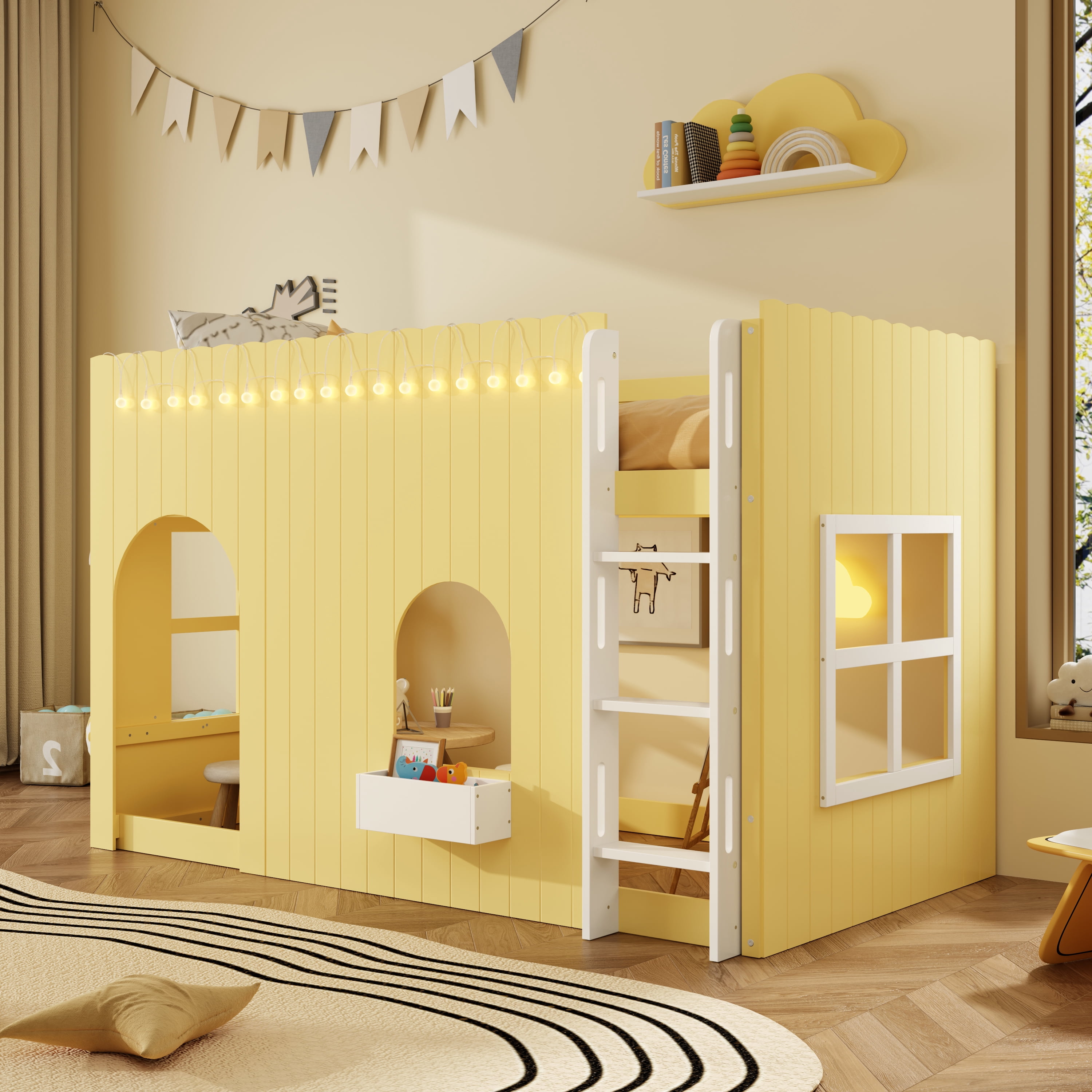 Mintazer Twin House Loft Bed with LED Lights, Kids Playhouse Bed with Ladder, Yellow