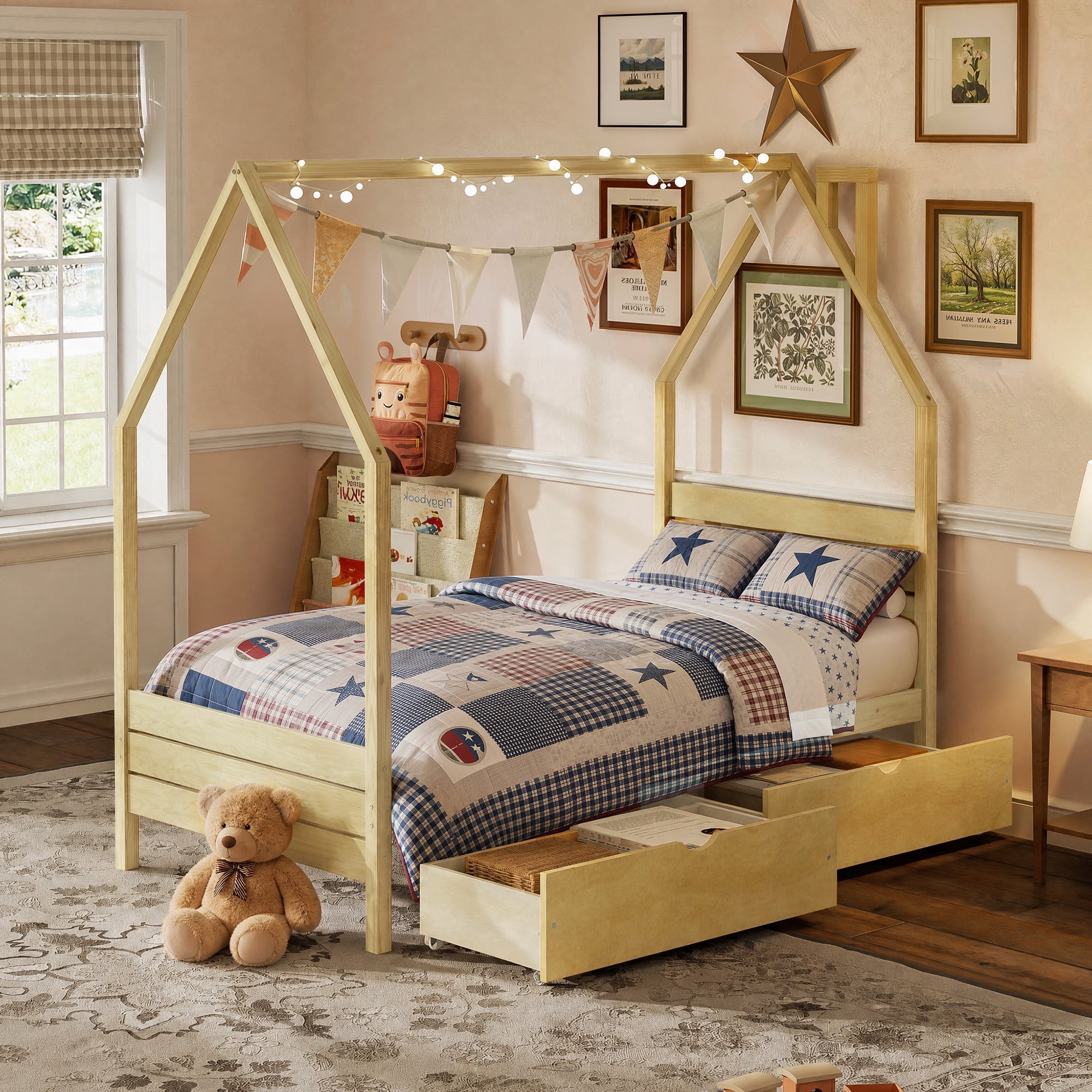 Mintazer Twin Kids House Canopy Platform Bed with 2 Storage Drawers, Montessori Bed with Headboard for Bedroom, Natural