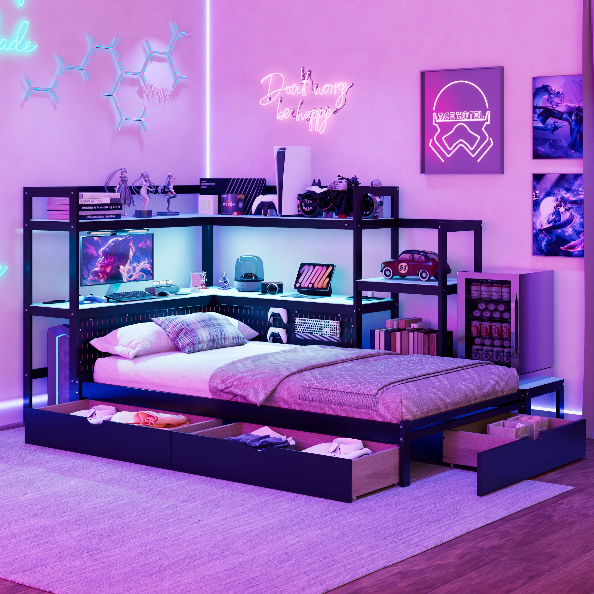 Mintazer Twin LED Gaming Daybed Storage Platform Bed with Charging Station & Integrated Desk Bookshelves and 3 Drawers for Kids Teens, Black & Blue