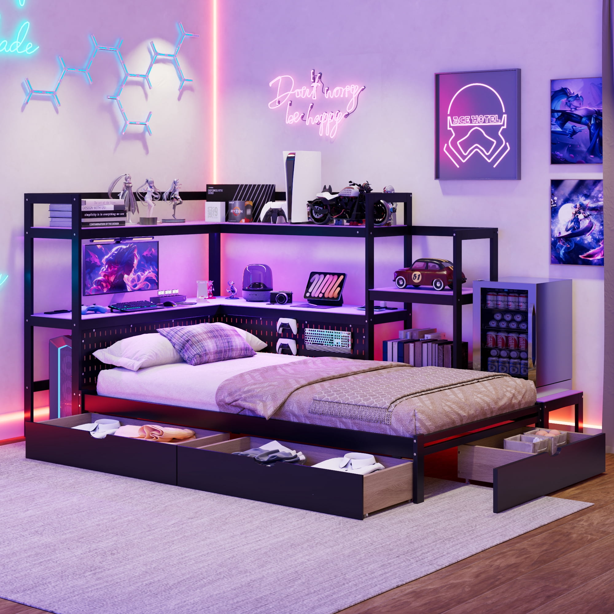 Mintazer Twin LED Gaming Daybed Storage Platform Bed with Charging Station & Integrated Desk Bookshelves and 3 Drawers for Kids Teens, Black+Purple