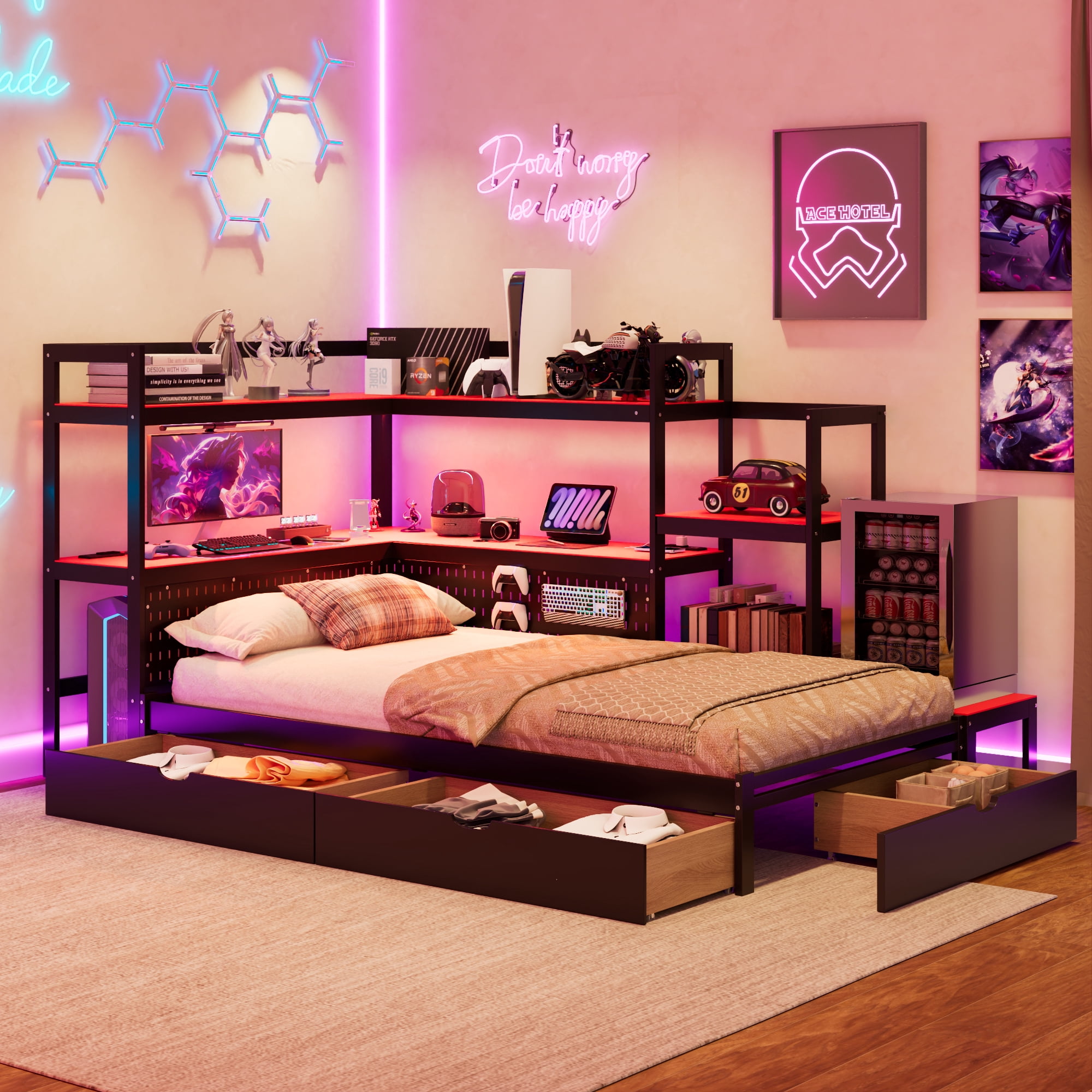 Mintazer Twin LED Gaming Daybed Storage Platform Bed with Charging Station & Integrated Desk Bookshelves and 3 Drawers for Kids Teens, Black+Red