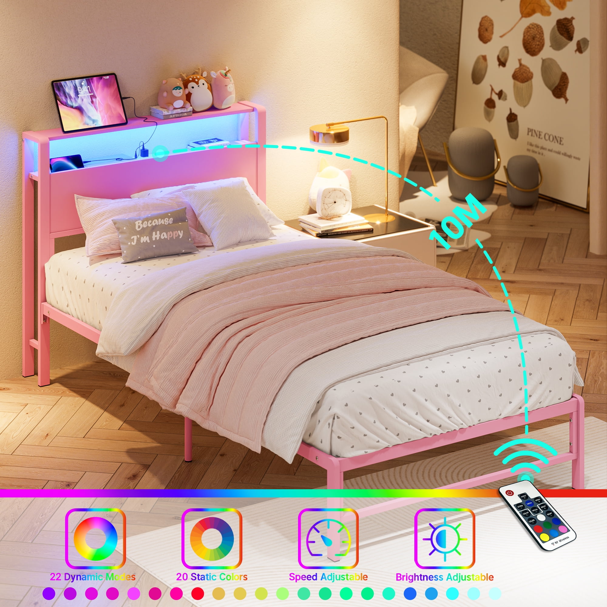 Mintazer Twin LED Light Metal Platform Bed Frame with 2-Tier Storage USB Port Charging Station Headboard for Kids Boys Girls, Pink