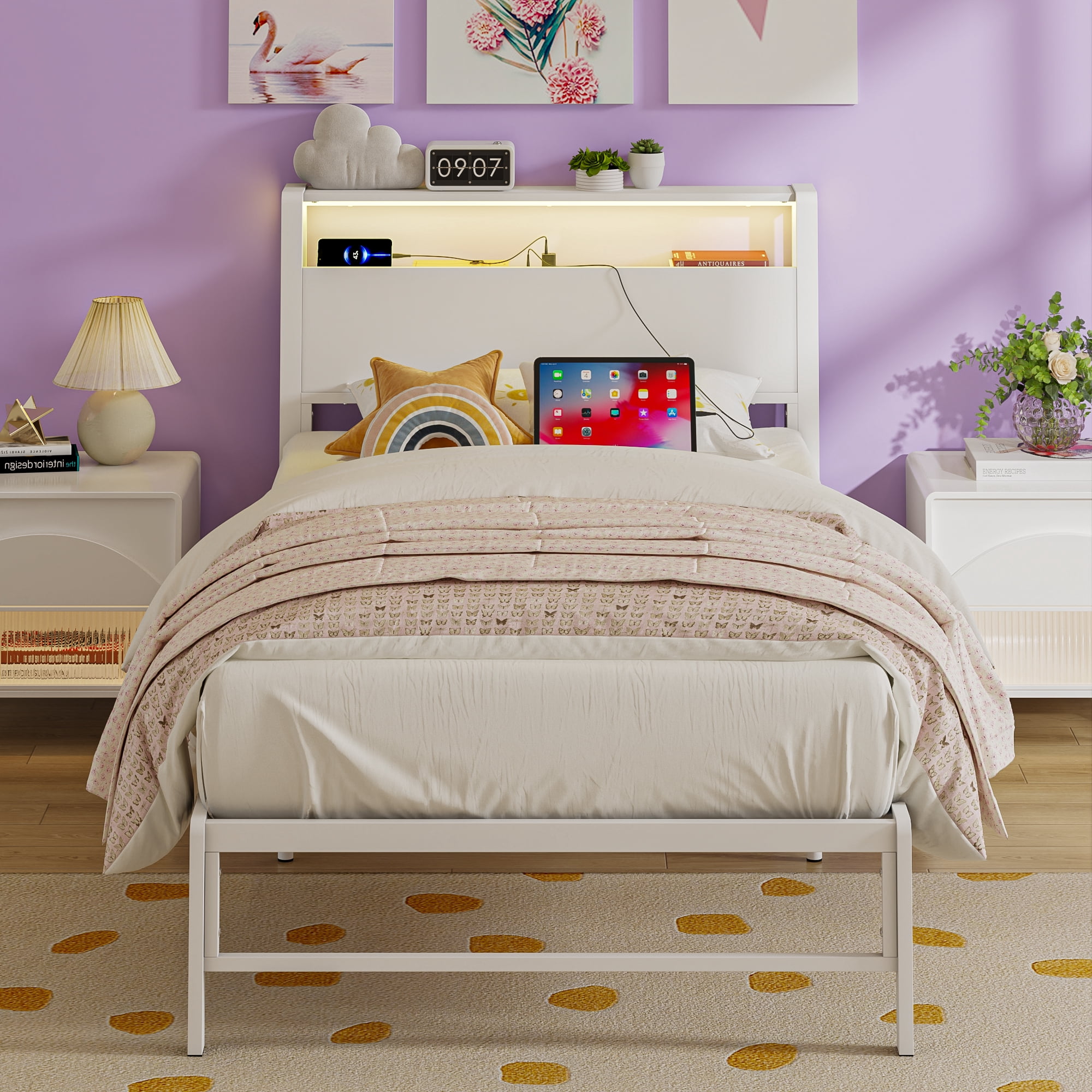 Mintazer Twin LED Light Metal Platform Bed Frame with 2-Tier Storage USB Port Charging Station Headboard for Kids Boys Girls, White