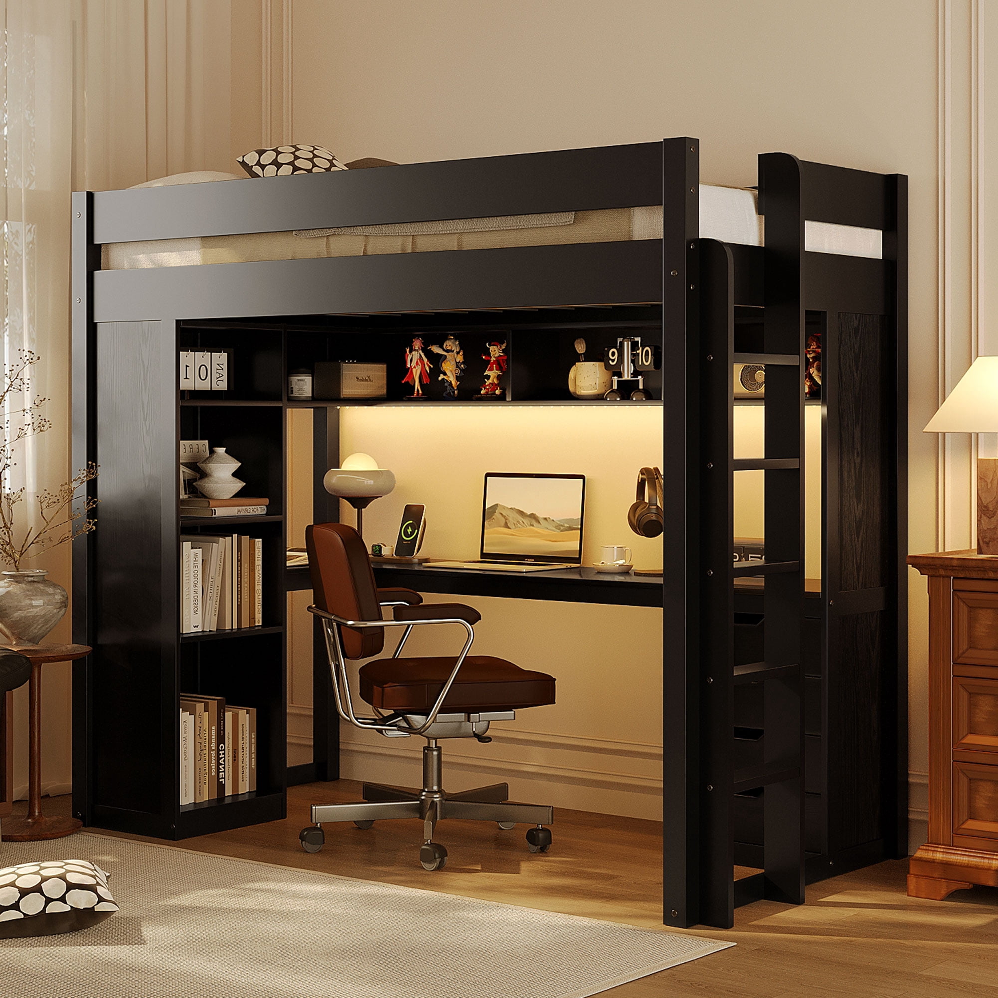 Mintazer Twin Loft Bed with L-Shaped Desk & Smart LED Lights and Charge Station, Modern Loft Bed with 4 Storage Drawers & Shelves, Black