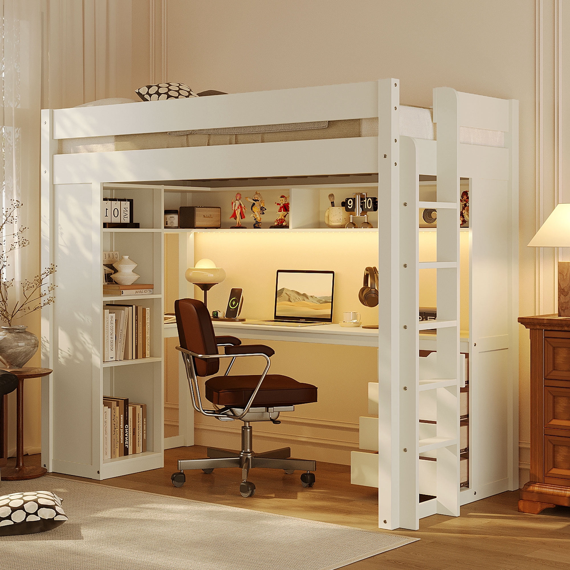 Mintazer Twin Loft Bed with L-Shaped Desk & Smart LED Lights and Charge Station, Modern Loft Bed with 4 Storage Drawers & Shelves, White
