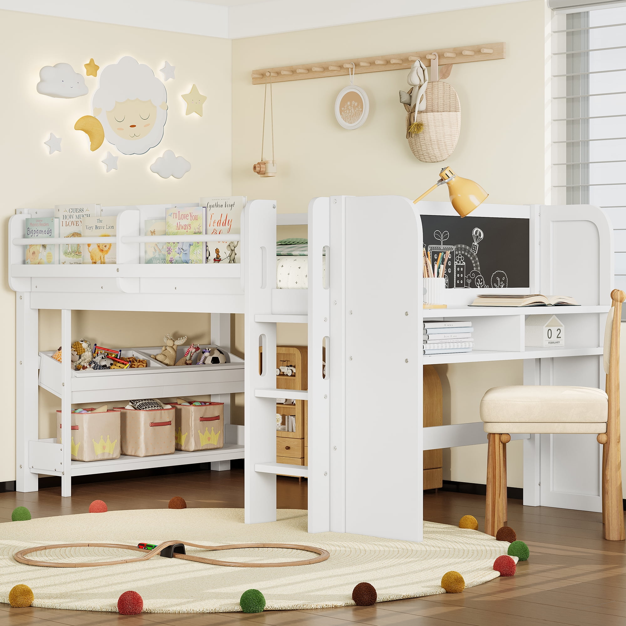 Mintazer Twin Low Loft Bed with Desk & Blackboard, Kids Loft Bed with Storage Drawers, No Spring Box Needed, White