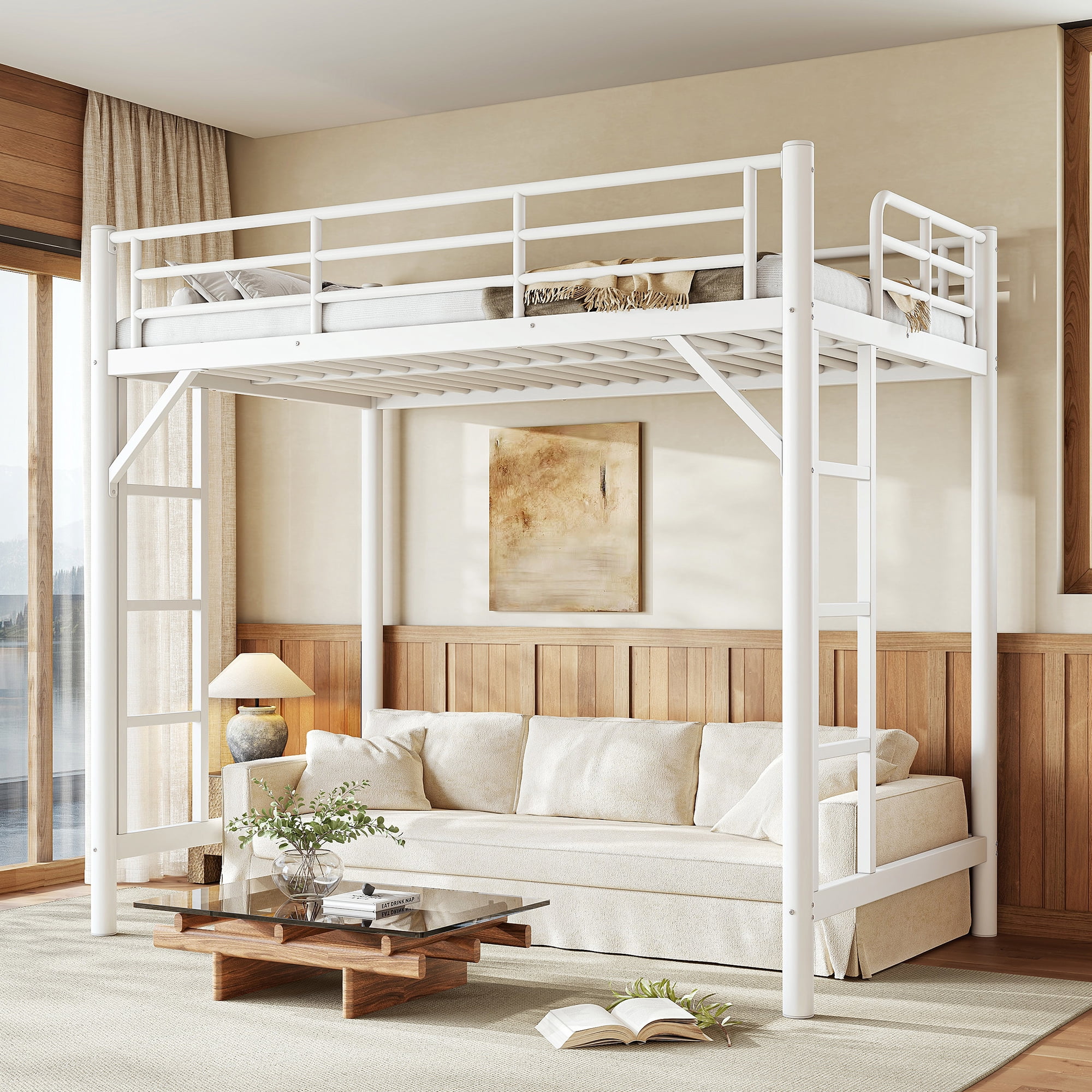 Mintazer Twin Metal Loft Bed Frame with Side Ladders & Guardrails for Teens Adults, No Box Spring Needed, White