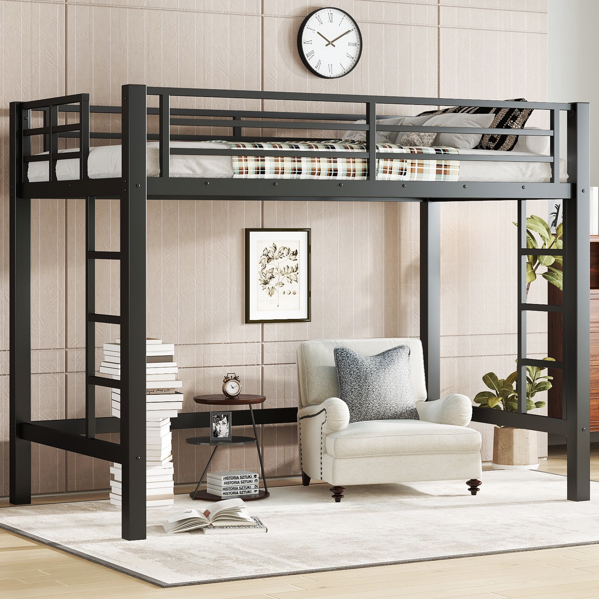 Mintazer Twin Metal Loft Bed with Dual Ladders and Guardrails for Bedroom or Dorm, Black
