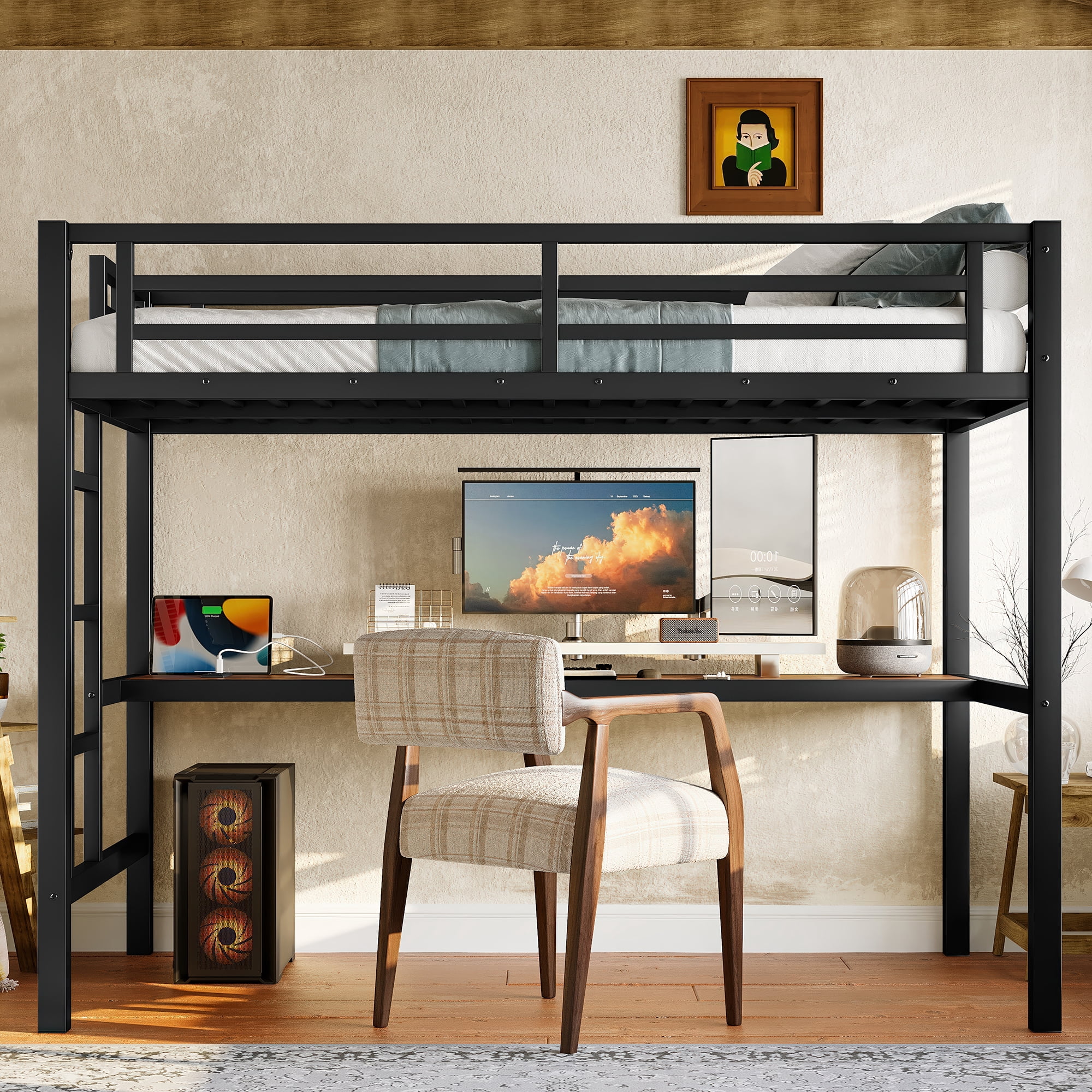 Mintazer Twin Metal Loft Bed with Desk and Charging Station & LED Lights for Bedroom Dorm, Black