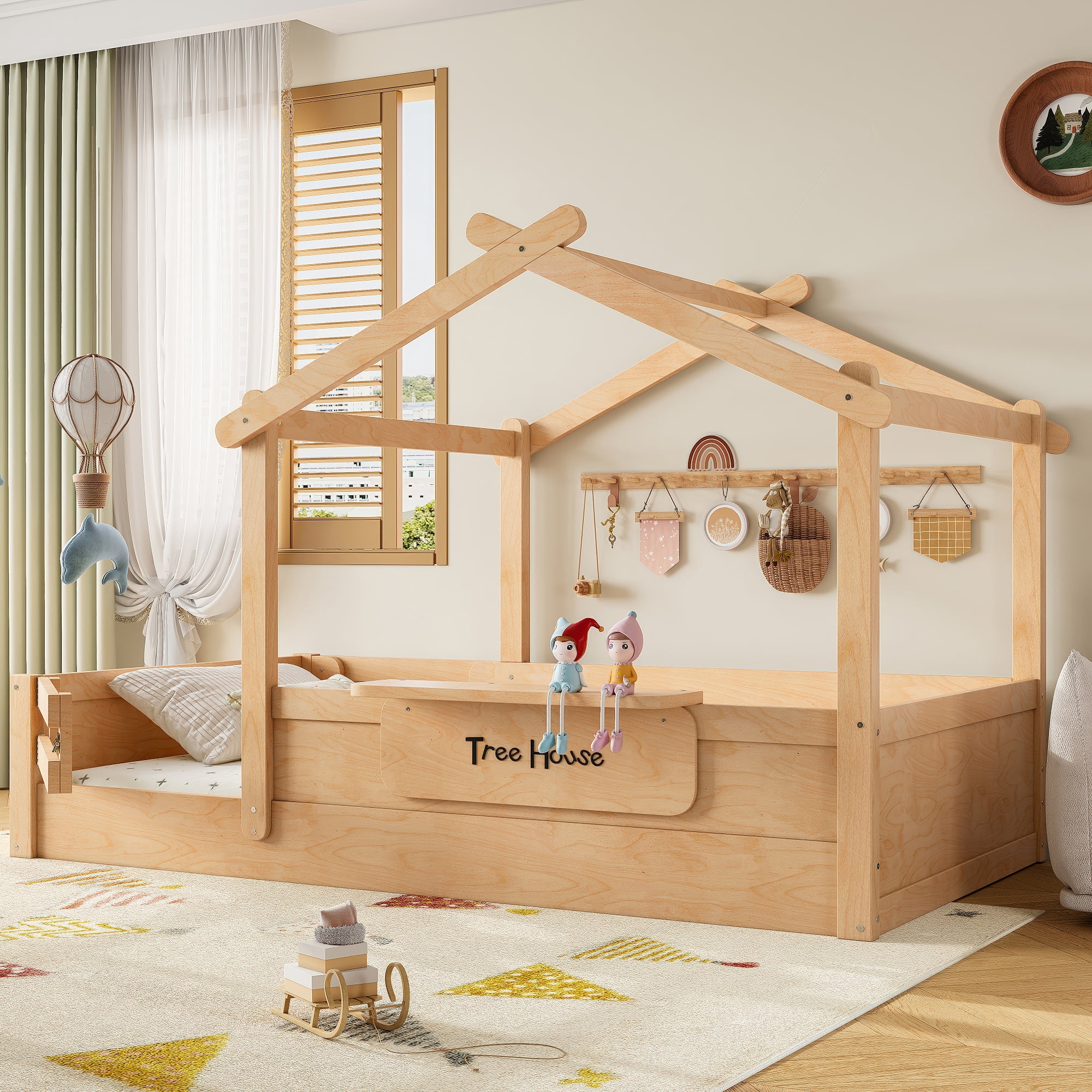 Mintazer Twin Montessori Floor Bed with Guardrails & Roof, Kids Wood House Floor Bed with Tray & Personalized Signboard for Boys and Girls, Natural
