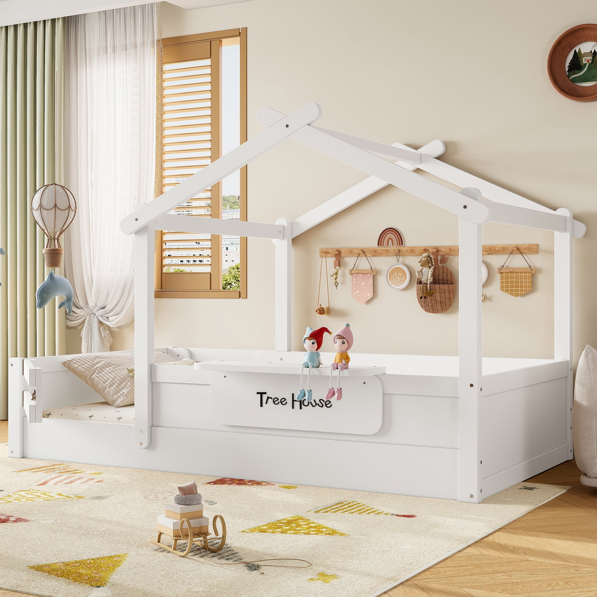 Mintazer Twin Montessori Floor Bed with Guardrails & Roof, Kids Wood House Floor Bed with Tray & Personalized Signboard for Boys and Girls, White