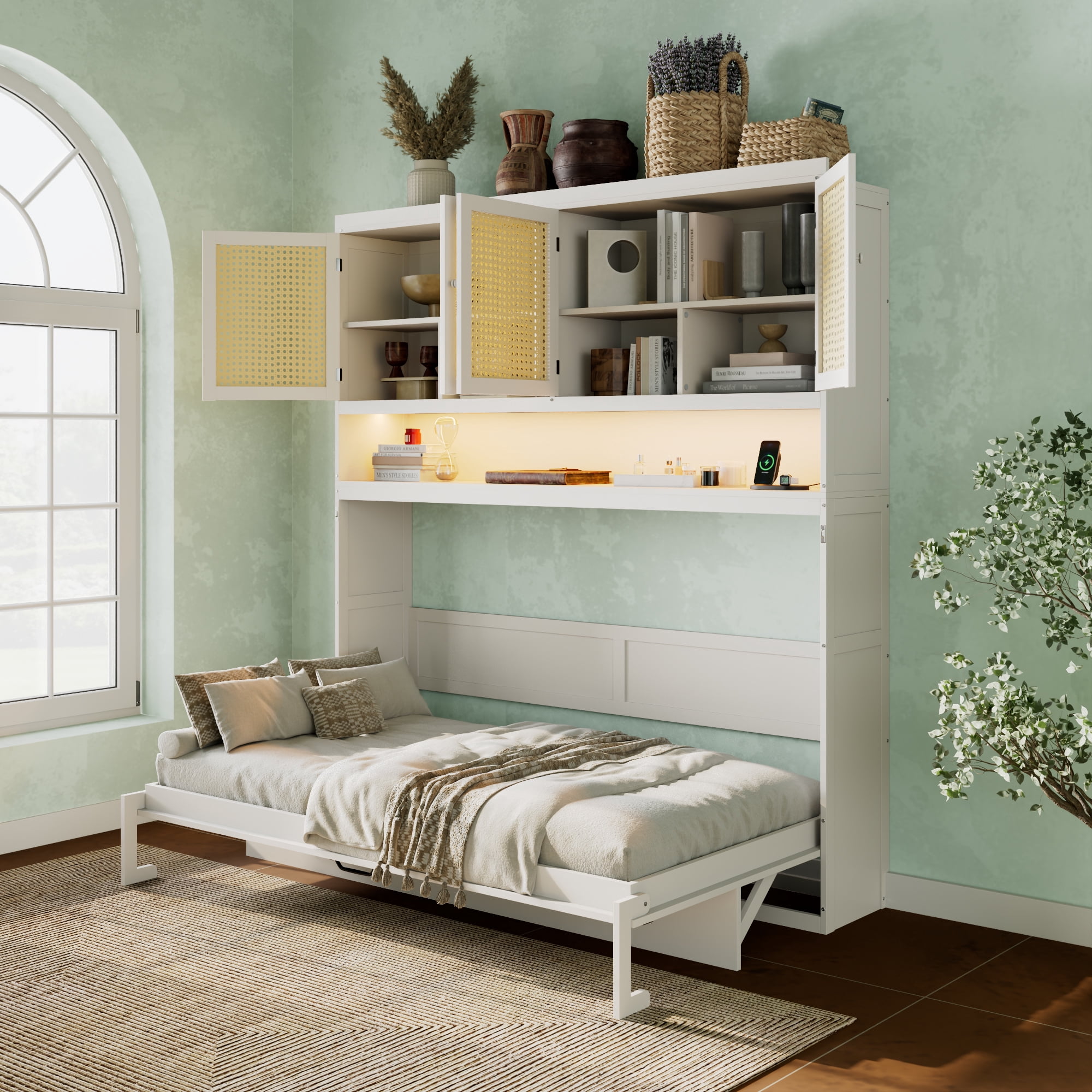 Mintazer Twin Murphy Bed with Rattan Cabinet & Desk, Wall Foldable Bed with Charge Station & LED Lighting for Bedroom Guest Room, White