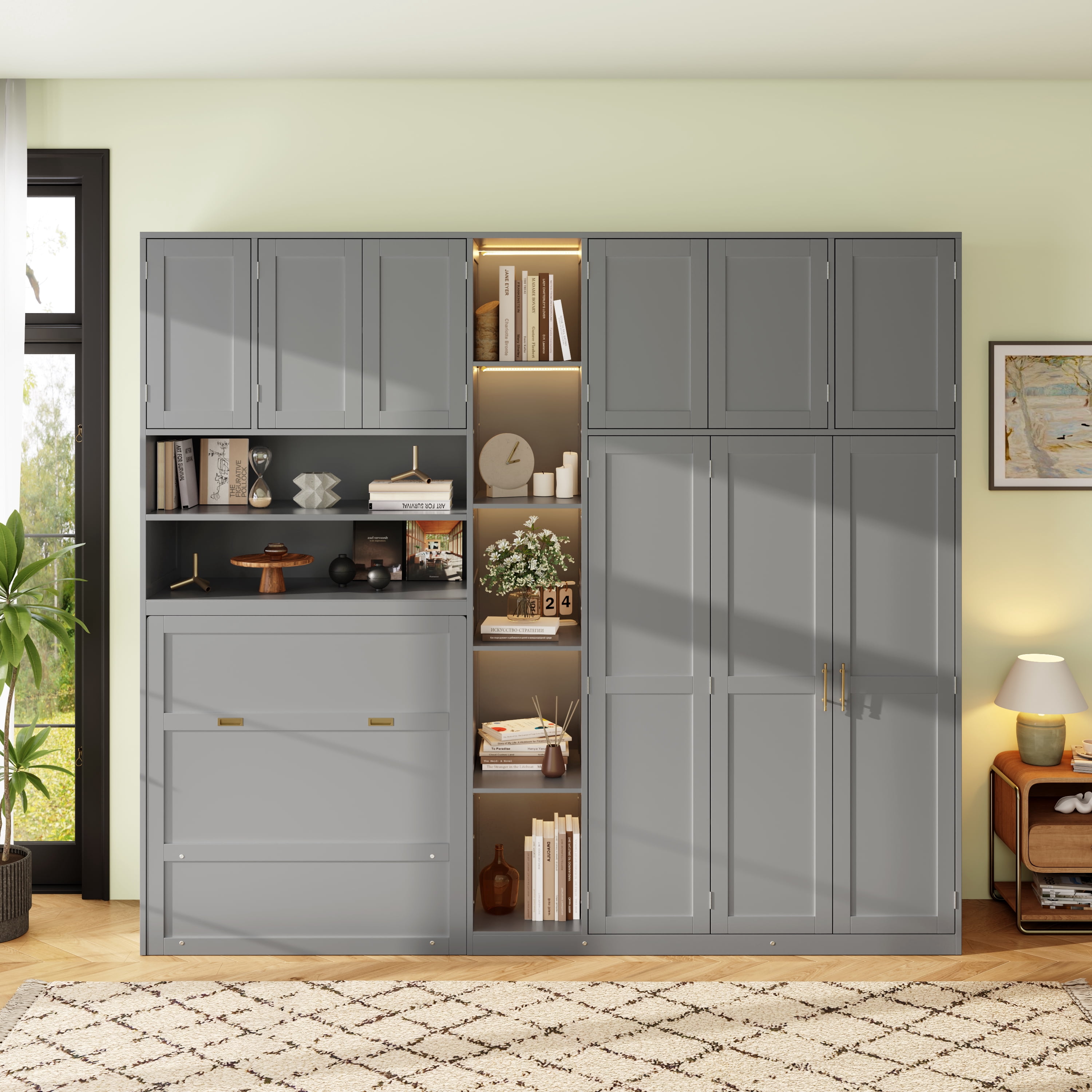 Mintazer Twin Murphy Bed with Wardrobe & LED Shelves, Modern Folding Cabinet Bed with Storage for Bedroom Apartment Guest Room, Gray