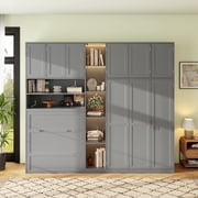 Mintazer Twin Murphy Bed with Wardrobe & LED Shelves, Modern Folding Cabinet Bed with Storage for Bedroom Apartment Guest Room, Gray