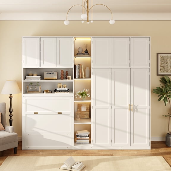 Mintazer Twin Murphy Bed with Wardrobe & LED Shelves, Modern Folding Cabinet Bed with Storage for Bedroom Apartment Guest Room, White