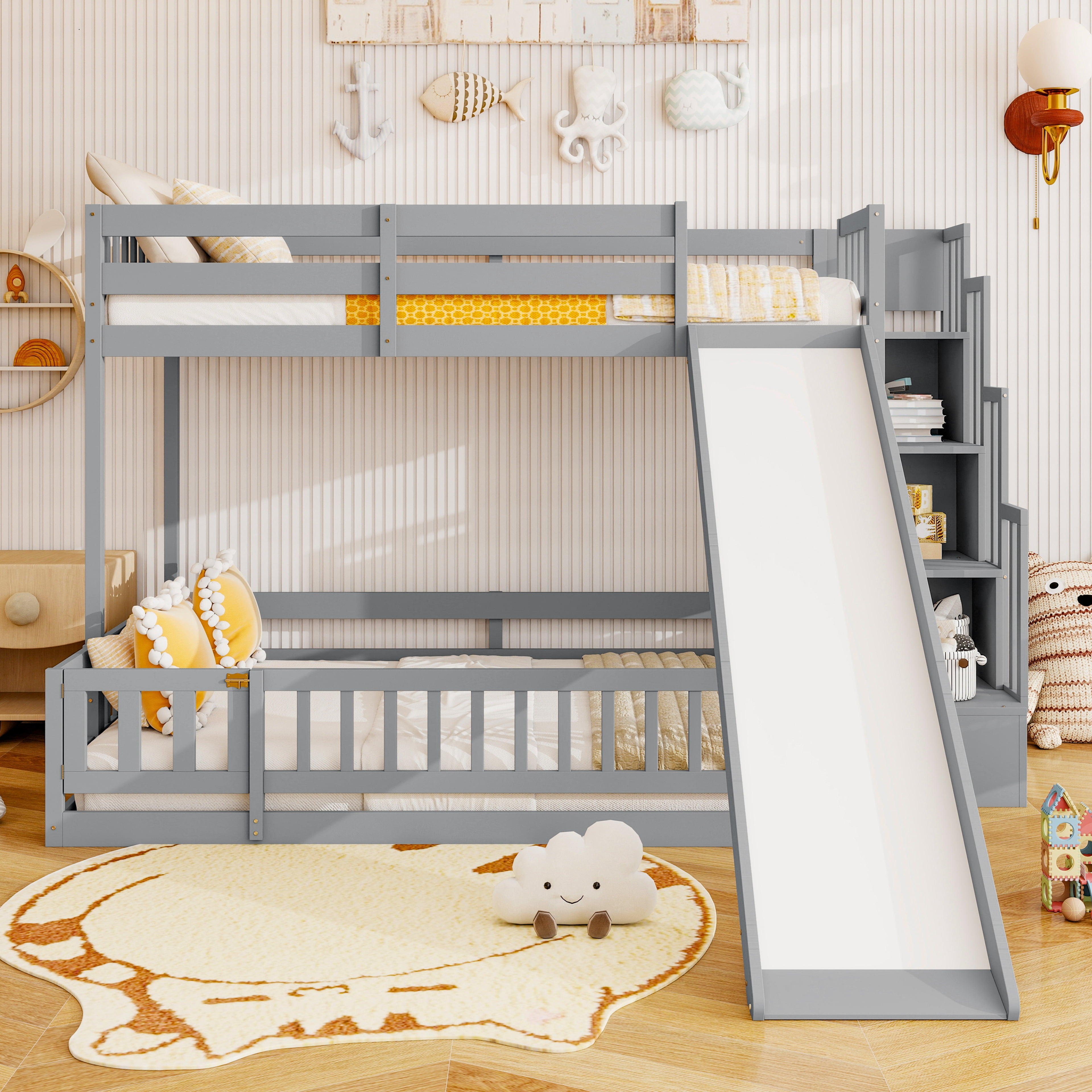 Mintazer Twin Over Full Bunk Bed with Slide & Storage Staircase, Kids Floor Bunk Bed with Guardrails, Gray