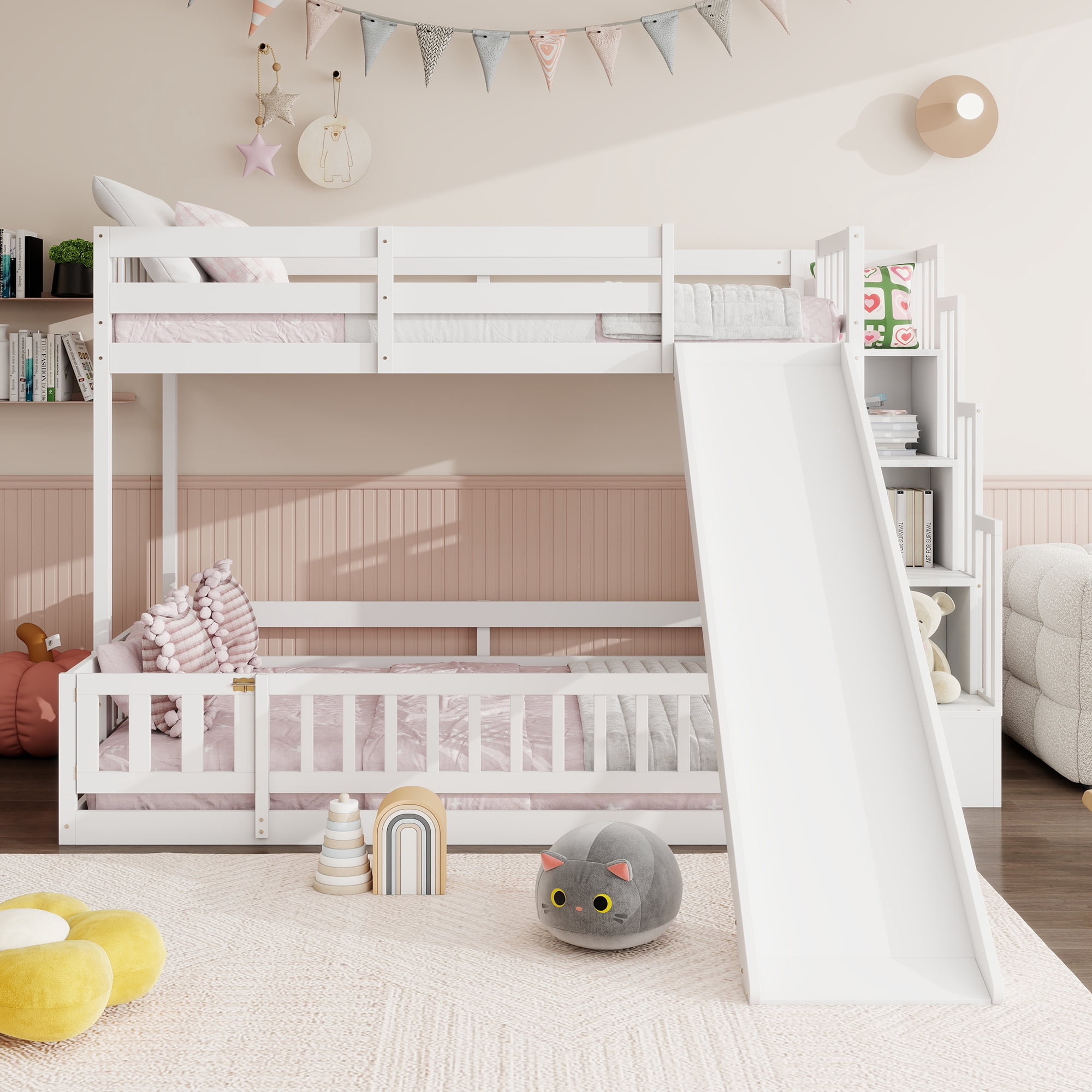 Mintazer Twin Over Full Bunk Bed with Slide & Storage Staircase, Kids Floor Bunk Bed with Guardrails, White