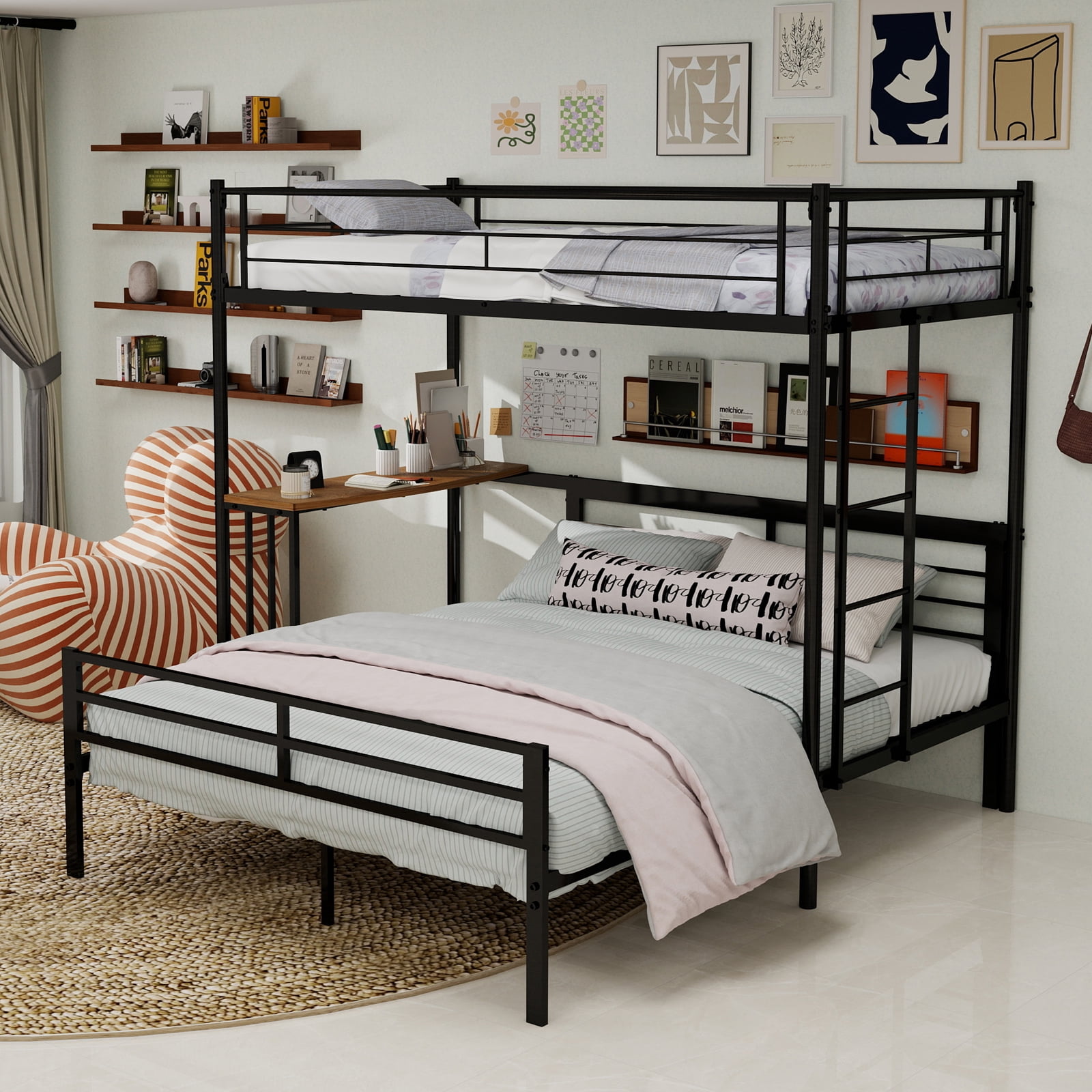 Mintazer Twin Over Full Metal Bunk Bed with Desk, Bunk Bed Frame with Guardrails and Ladder for Bedroom Dorm Apartment, Black