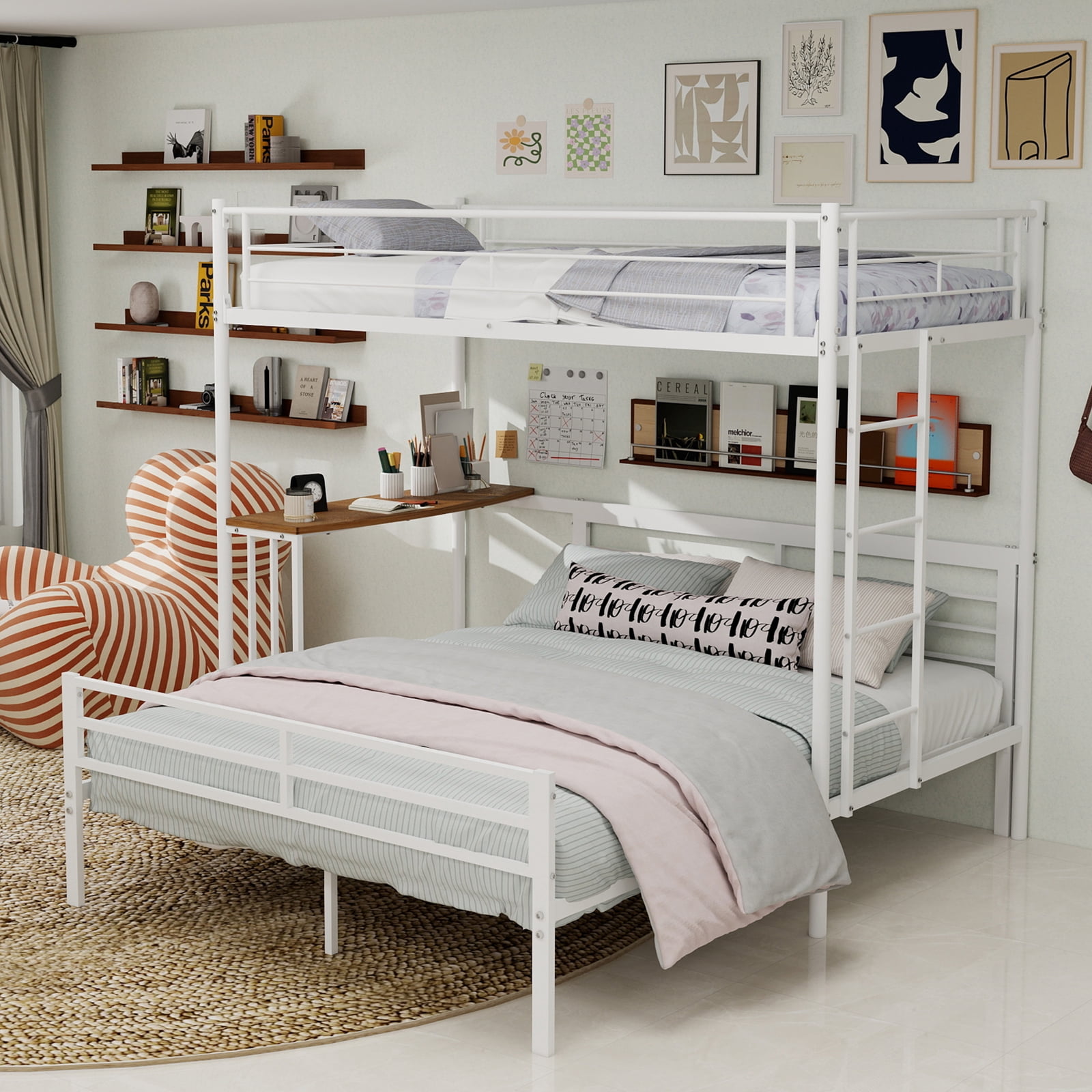 Mintazer Twin Over Full Metal Bunk Bed with Desk, Bunk Bed Frame with Guardrails and Ladder for Bedroom Dorm Apartment, White