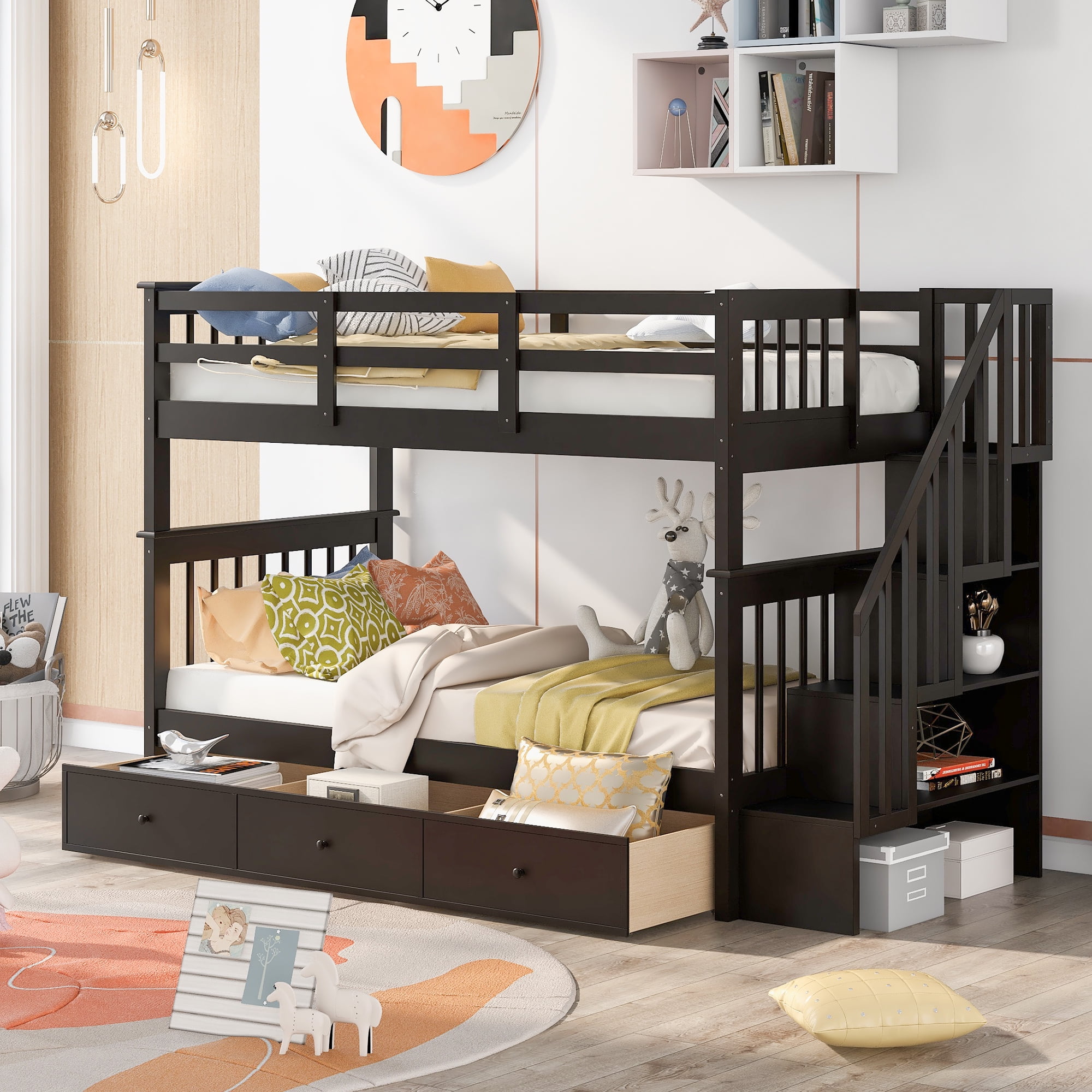 Mintazer Twin Over Twin Bunk Bed with Staircase & 3 Drawers, Kids Bunk Bed with Storage for Bedroom Guest Room, Espresso