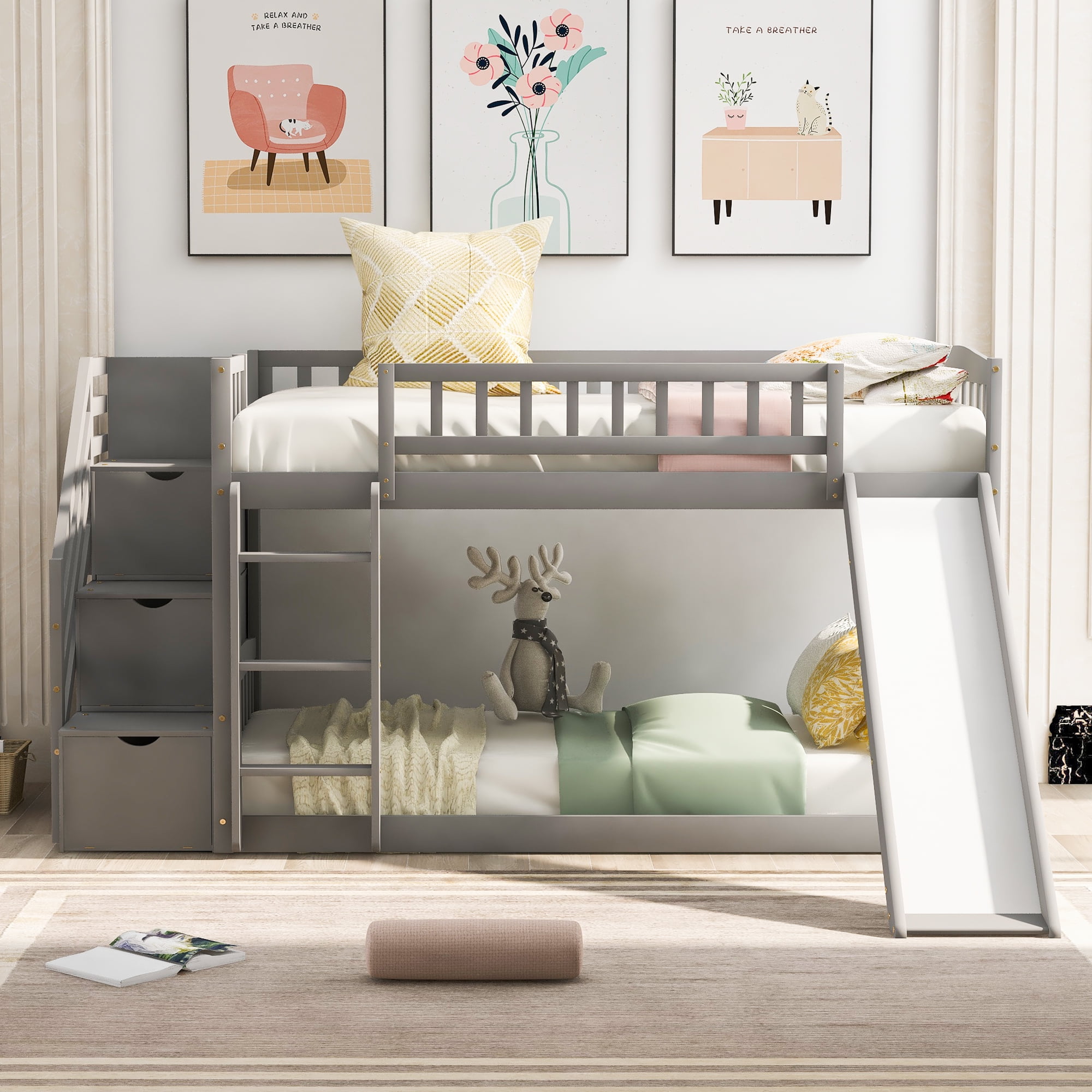 Mintazer Twin Over Twin Bunk Bed with Storage Staircase & Convertible Slide, Kids Bunk Bed Frame with Guardrails & Ladder, No Box Spring Needed, Gray