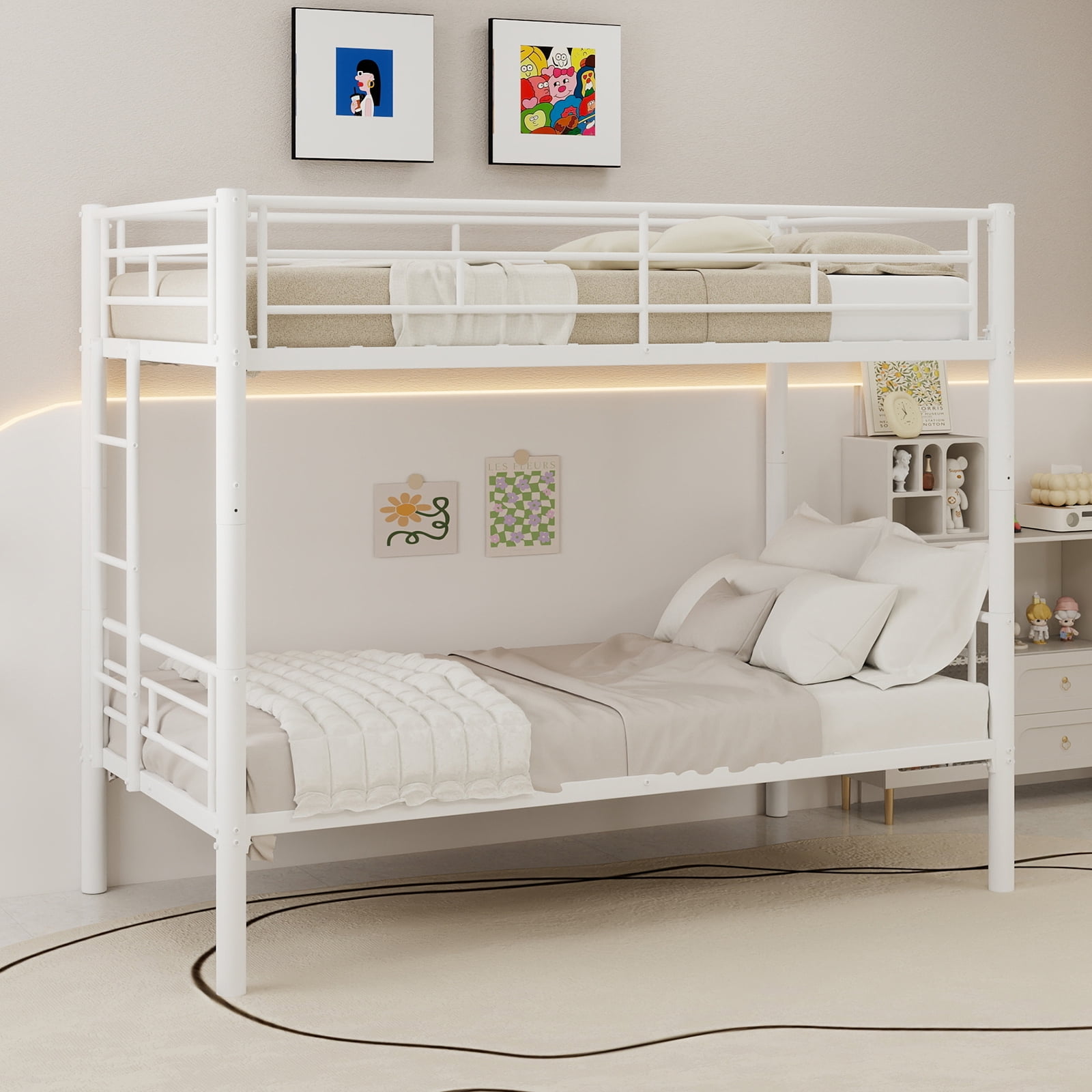 Mintazer Twin Over Twin Convertible Metal Bunk Bed, Bunk Bed Frame with Guardrails and Ladder for Kids Teens Bedroom Dorm Apartment, White