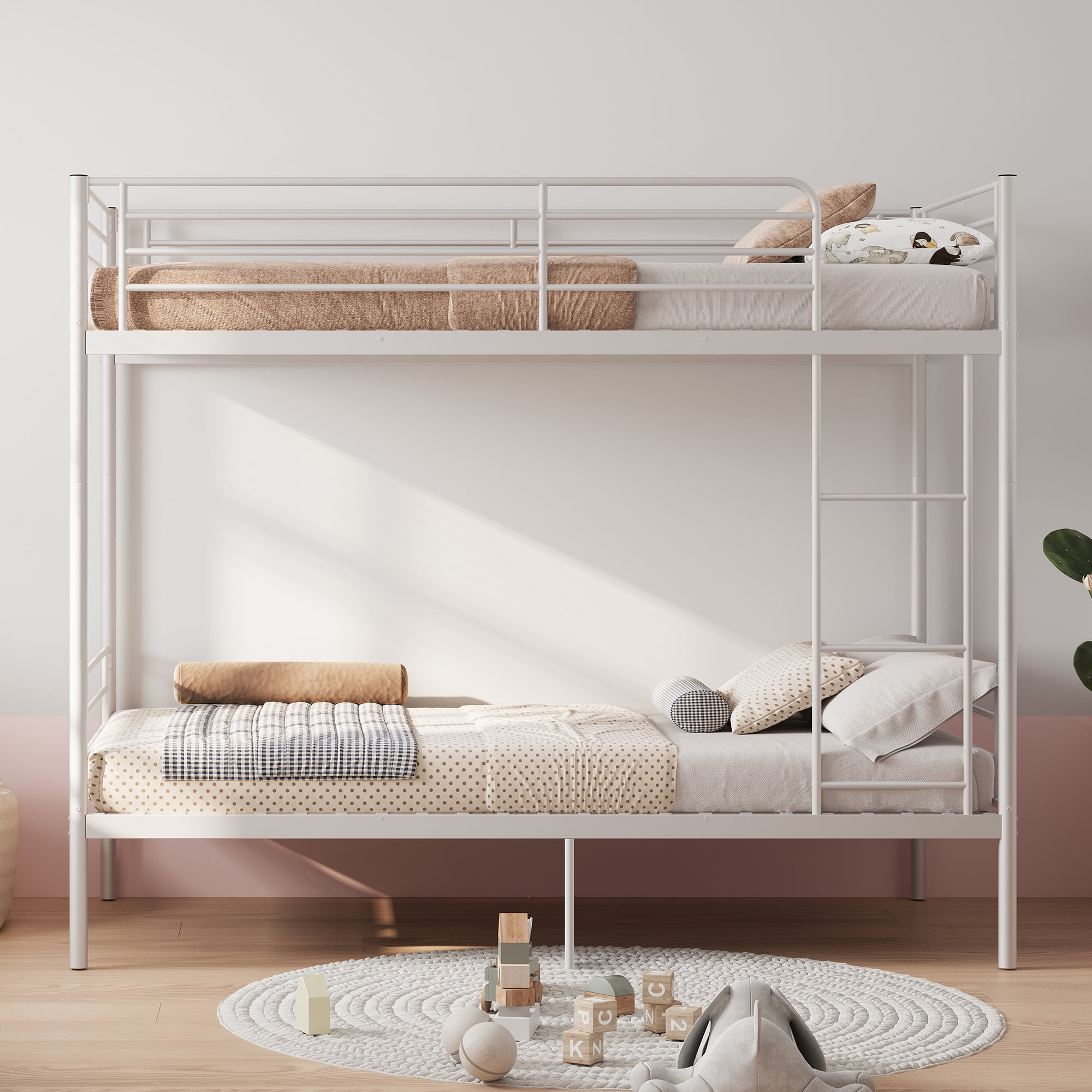 Mintazer Twin Over Twin Detachable Metal Bunk Bed with Ladder & Guardrail for Teen Adult Bedroom Dormitory, White