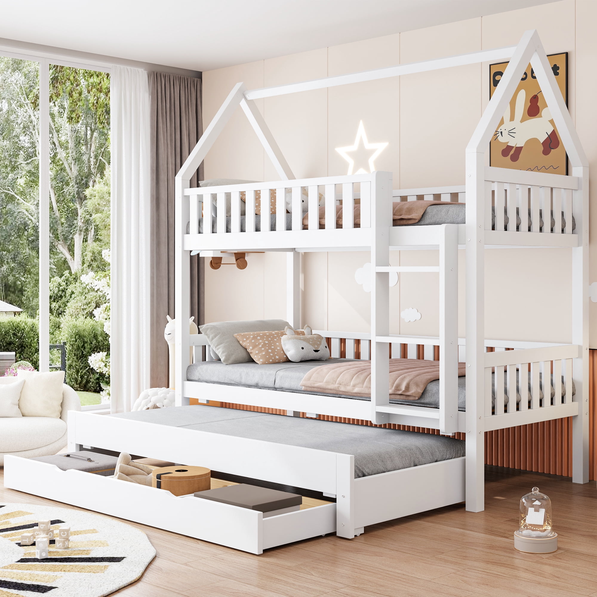 Mintazer Twin Over Twin House Bunk Bed with Trundle & 3 Drawers, Kids Bunk Bed Frame with Ladder, White
