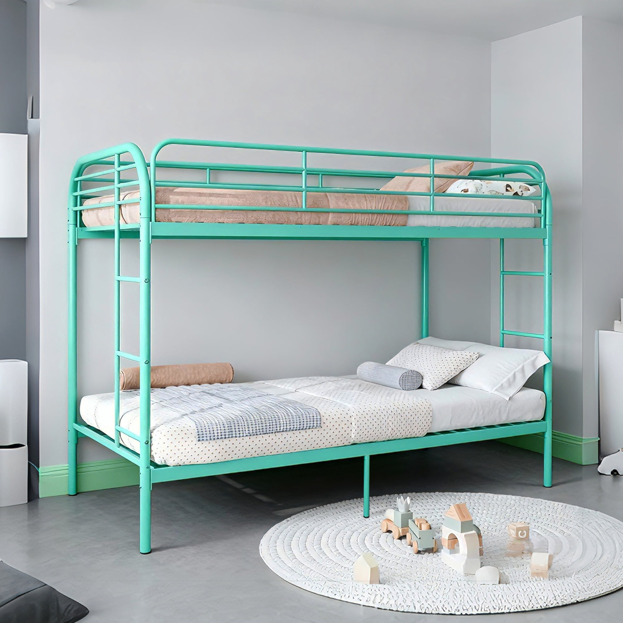 Mintazer Twin Over Twin Metal Bunk Bed, Heavy Duty Bunk Bed Frame with Guardrail & 2 Ladder, Mint Green