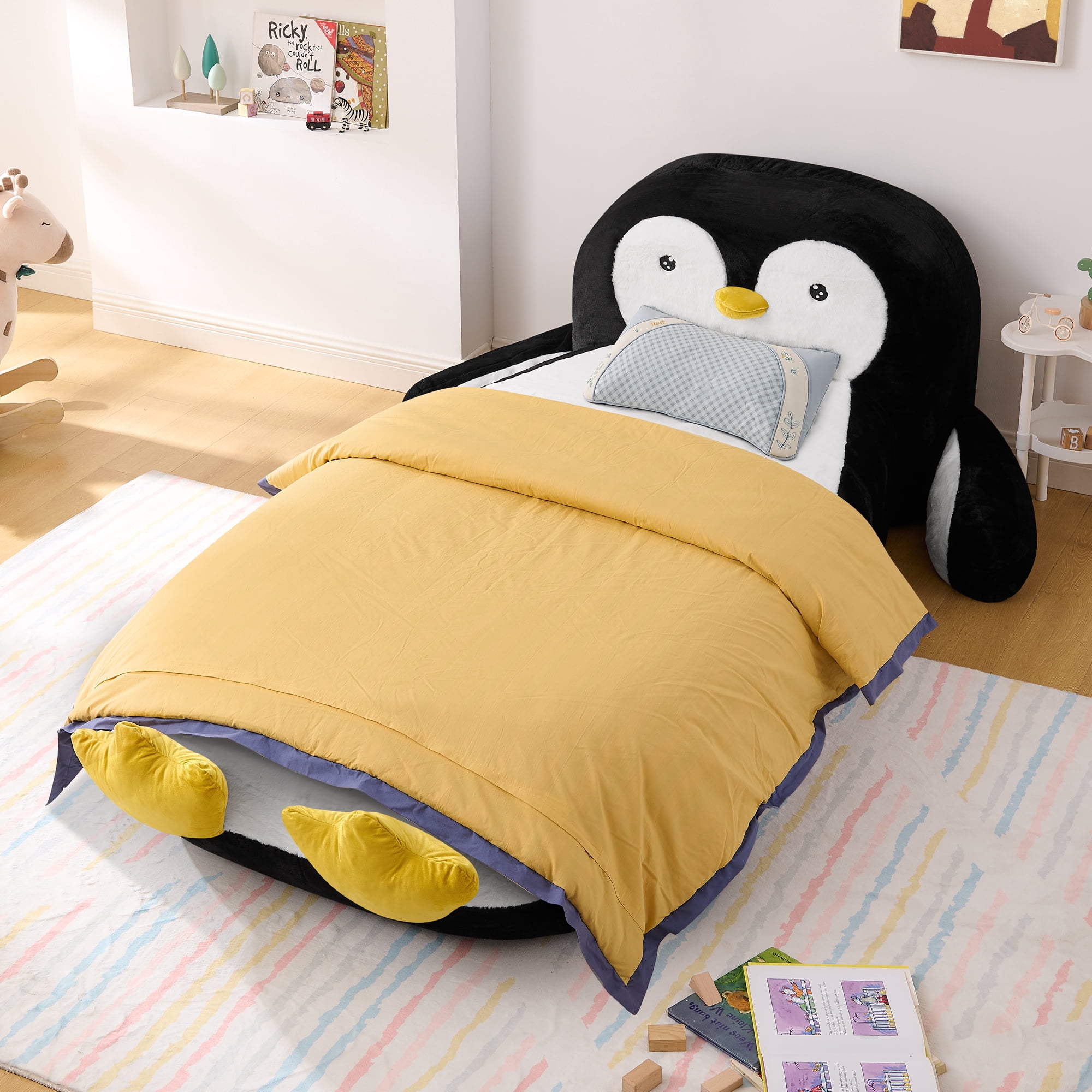 Mintazer Twin Penguin Shaped Kids Floor Bed, Fluffy Faux Fur Upholstered Toddler Lounger Bed for Boys Girls Bedroom, No Box Spring Needed