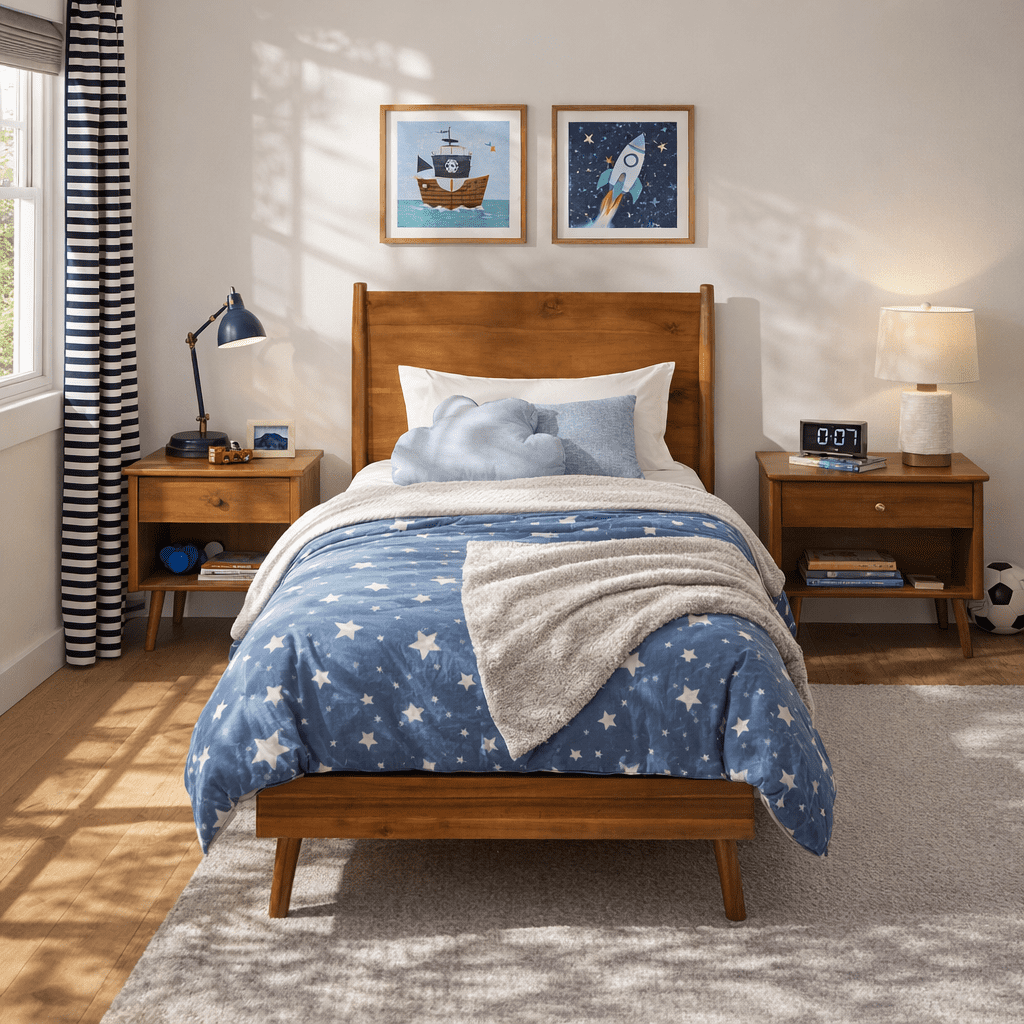 Mintazer Twin Platform Bed Frame, Mid-Century Bed with Panel Headboard & Splayed Legs, No Box Spring Required, Natural