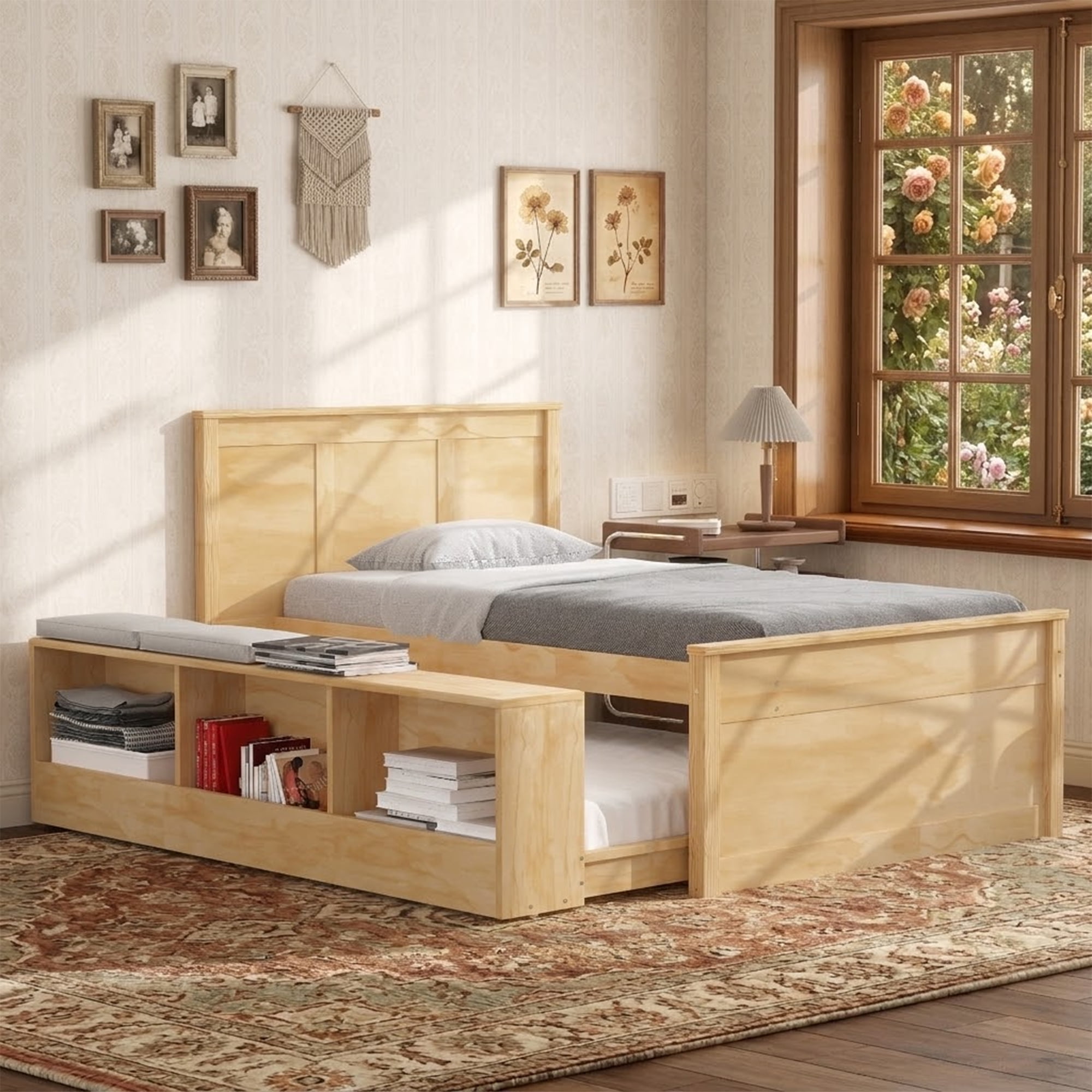 Mintazer Twin Platform Bed with Pull-Out Trundle, Modern Bookcase Bed with Storage Cabinet, No Box Spring Needed, Natural