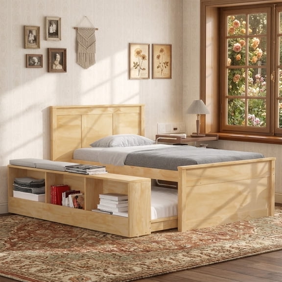 Mintazer Twin Platform Bed with Pull-Out Trundle, Modern Bookcase Bed with Storage Cabinet, No Box Spring Needed, Natural