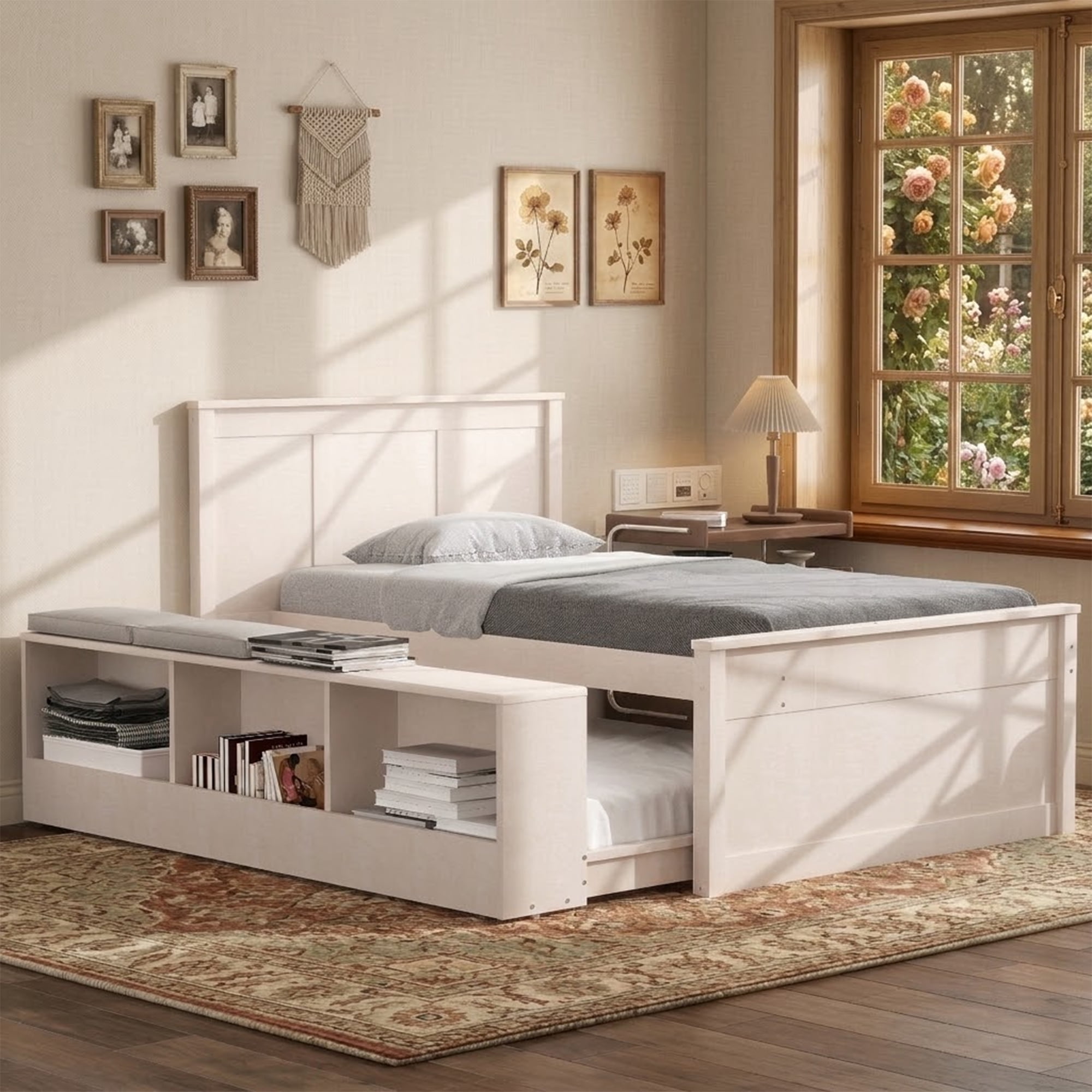 Mintazer Twin Platform Bed with Pull-Out Trundle, Modern Bookcase Bed with Storage Cabinet, No Box Spring Needed, White