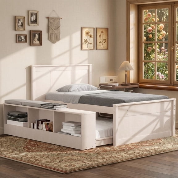 Mintazer Twin Platform Bed with Pull-Out Trundle, Modern Bookcase Bed with Storage Cabinet, No Box Spring Needed, White