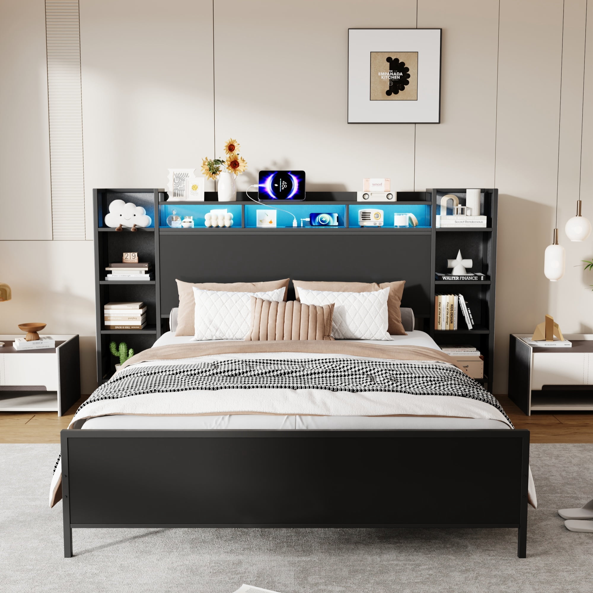 Mintazer Twin Size Bed Frame with LED Bookshelf Headboard & Charging Station, Modern Platform Bed for Bedroom Guest Room, Black