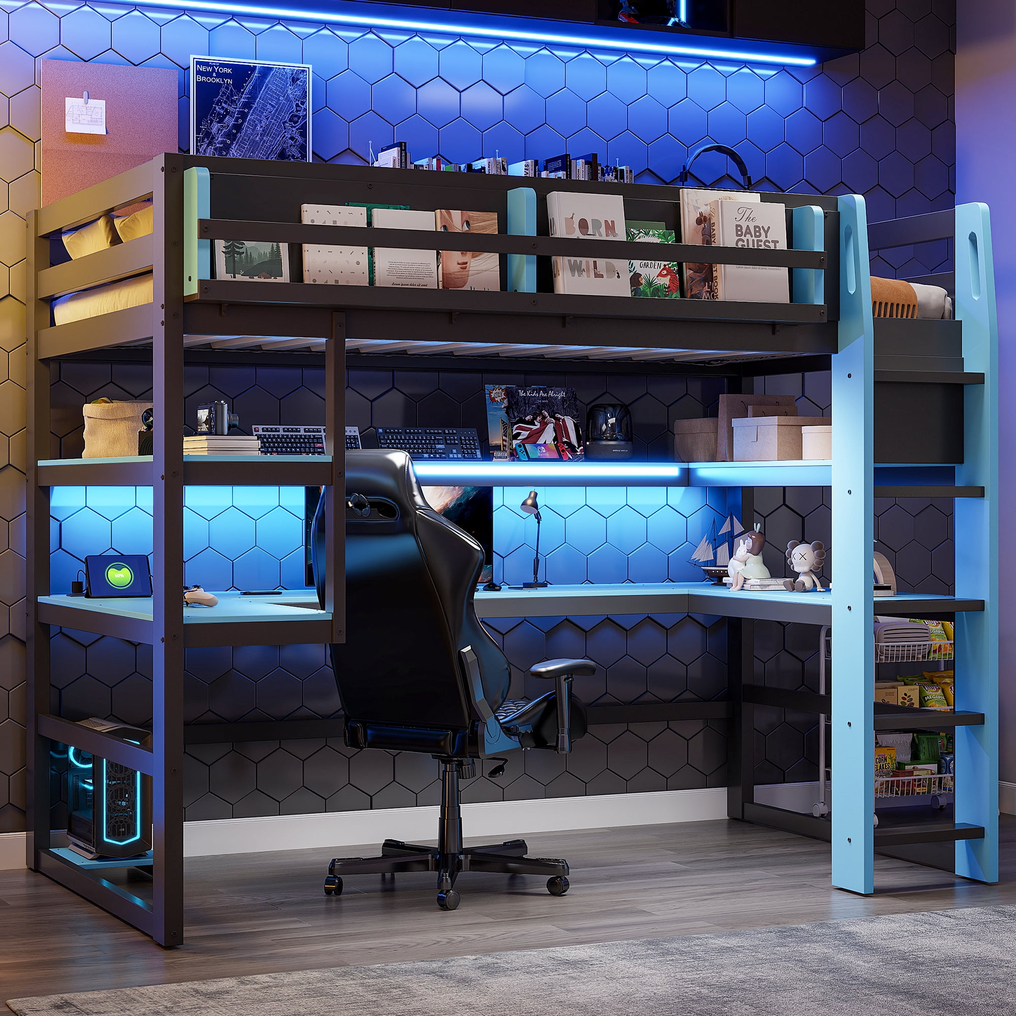 Mintazer Twin Size Gaming Loft Bed with U-Shaped Desk & LED Lights, Modern Bed Frame with Shelves & Charging Station for Dorm Bedroom Apartment, Black & Blue