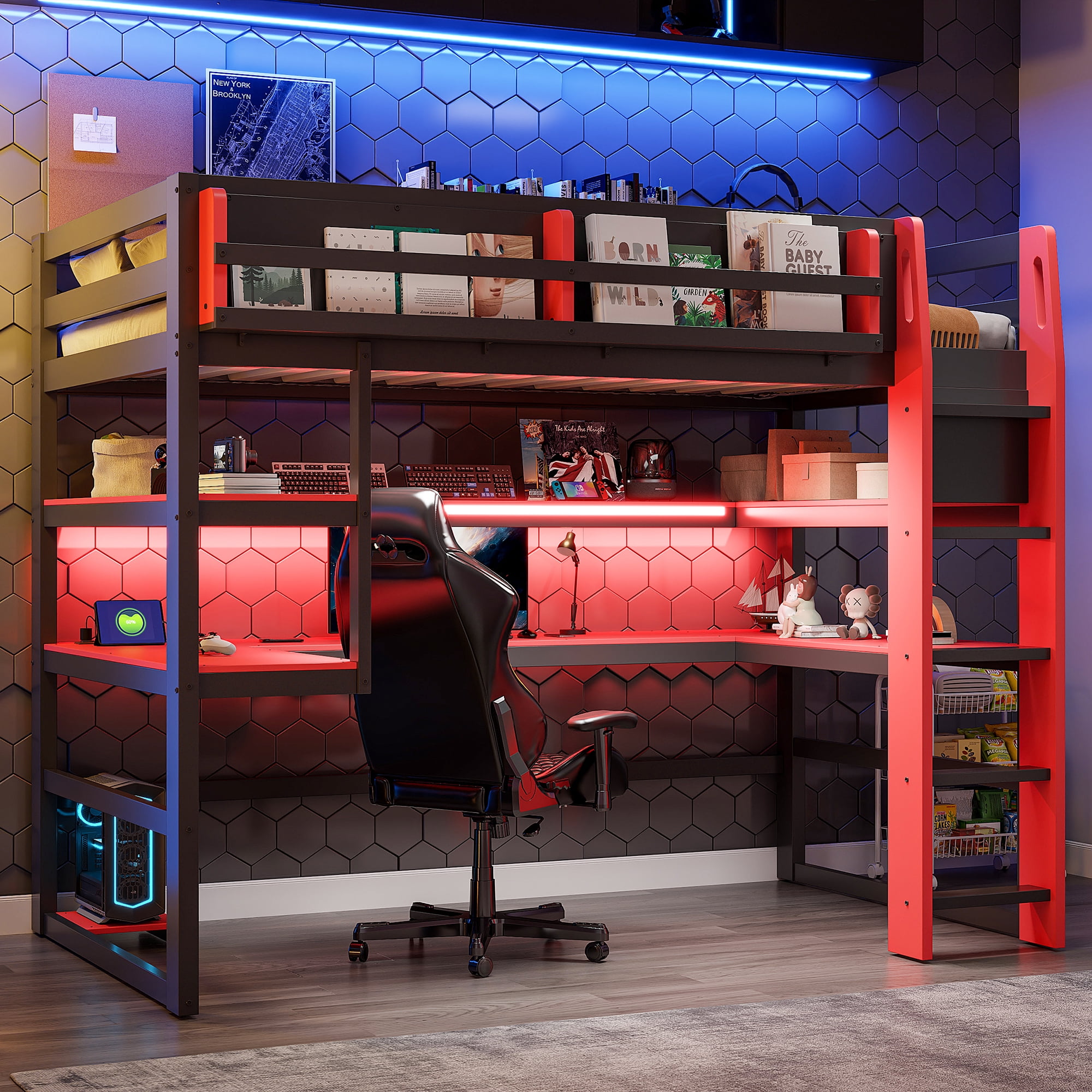 Mintazer Twin Size Gaming Loft Bed with U-Shaped Desk & LED Lights, Modern Bed Frame with Shelves & Charging Station for Dorm Bedroom Apartment, Black & Red