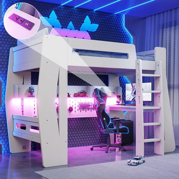 Mintazer Twin Size Gaming Loft Bed with Desk & LED Ambient Light, Esports Loft Bed with Storage Shelves & Power Outlet for Teens Bedroom, Beige